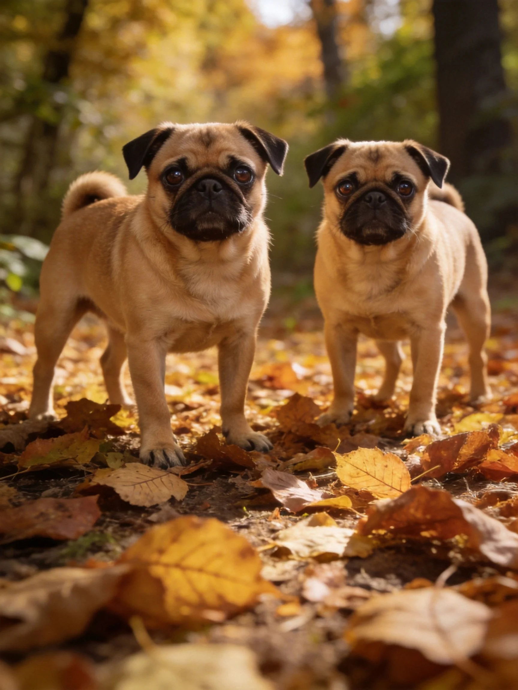 Two pugs stand together on a bed of autumn leaves in a sunlit forest.