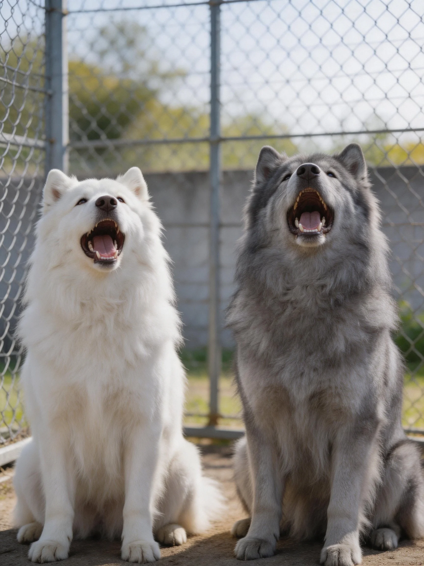 Two dogs of different colors sit near a chain-link fence with open mouths