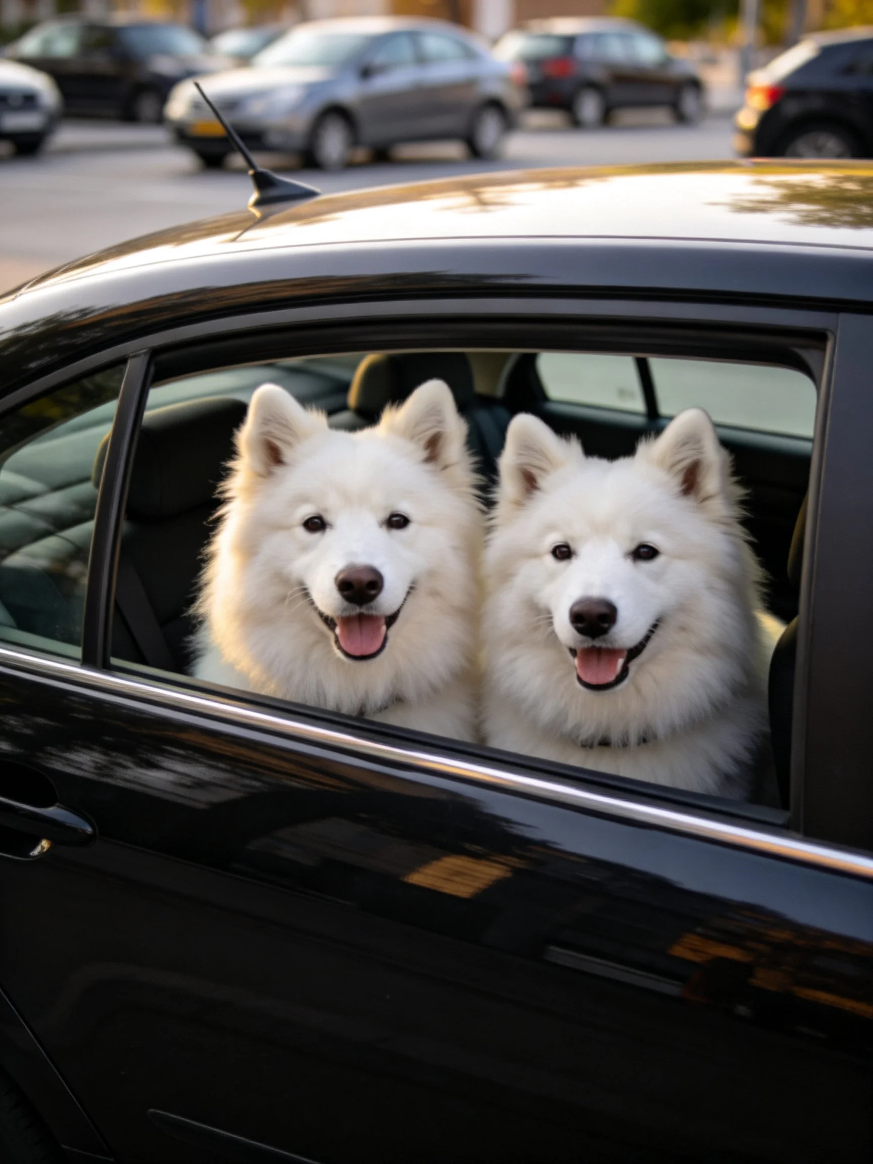 Two happy dogs look out from a black car’s open window