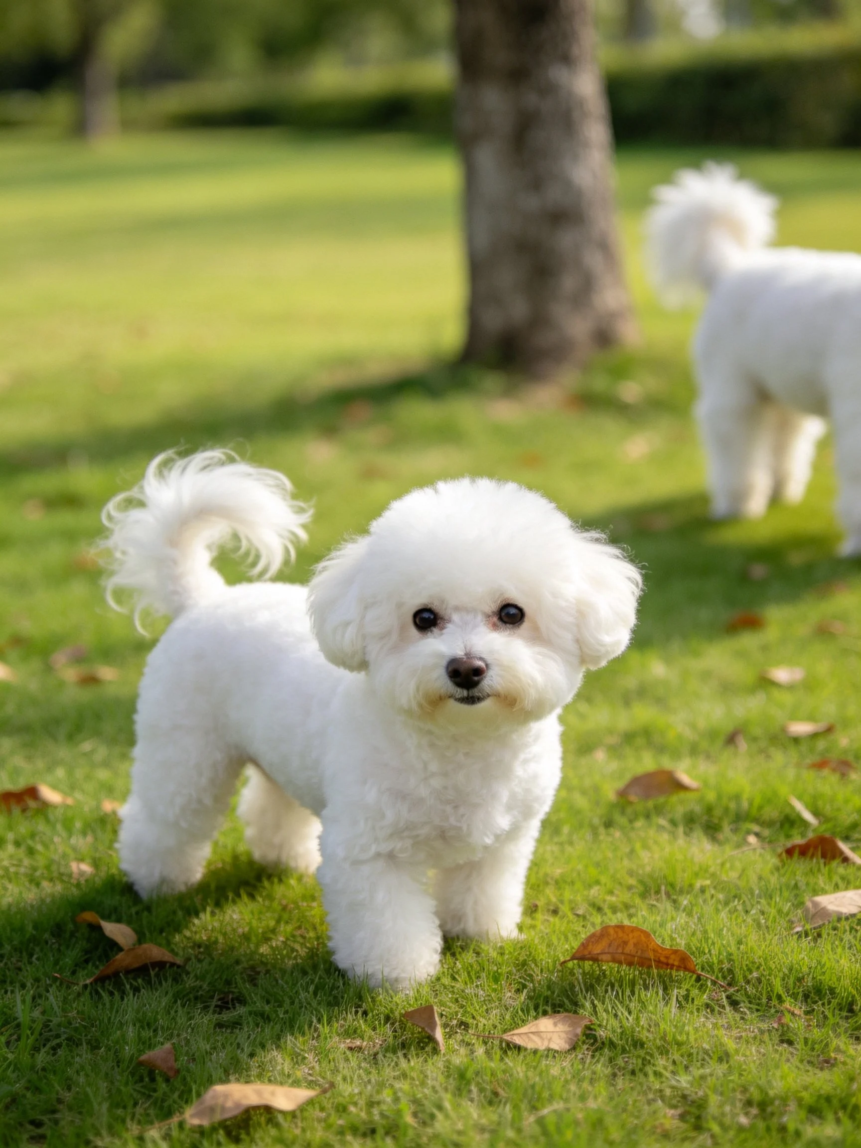 Two small white dogs explore a grassy park with scattered leaves.