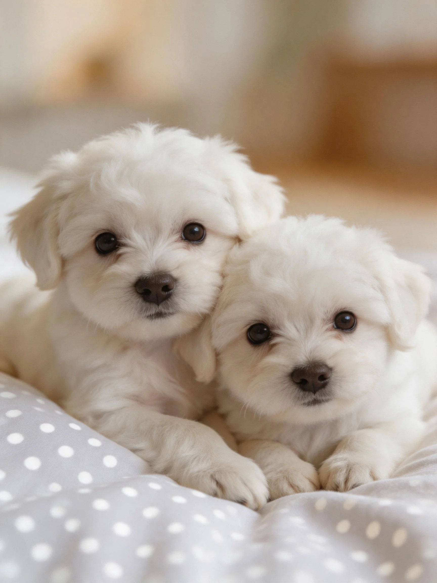 Two small white puppies lie close together on a dotted fabric.