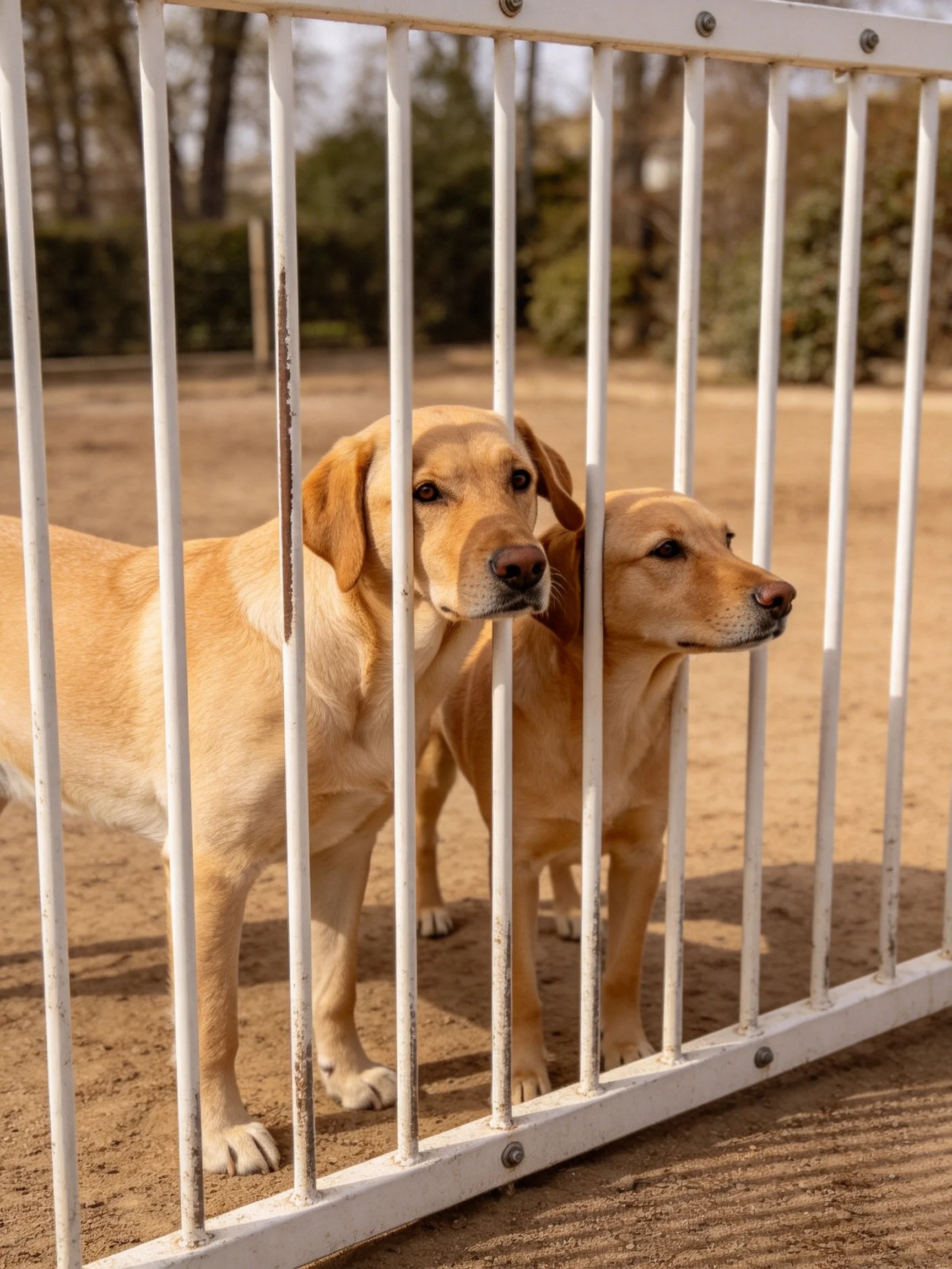 Two golden Labradors stand behind a white metal fence.