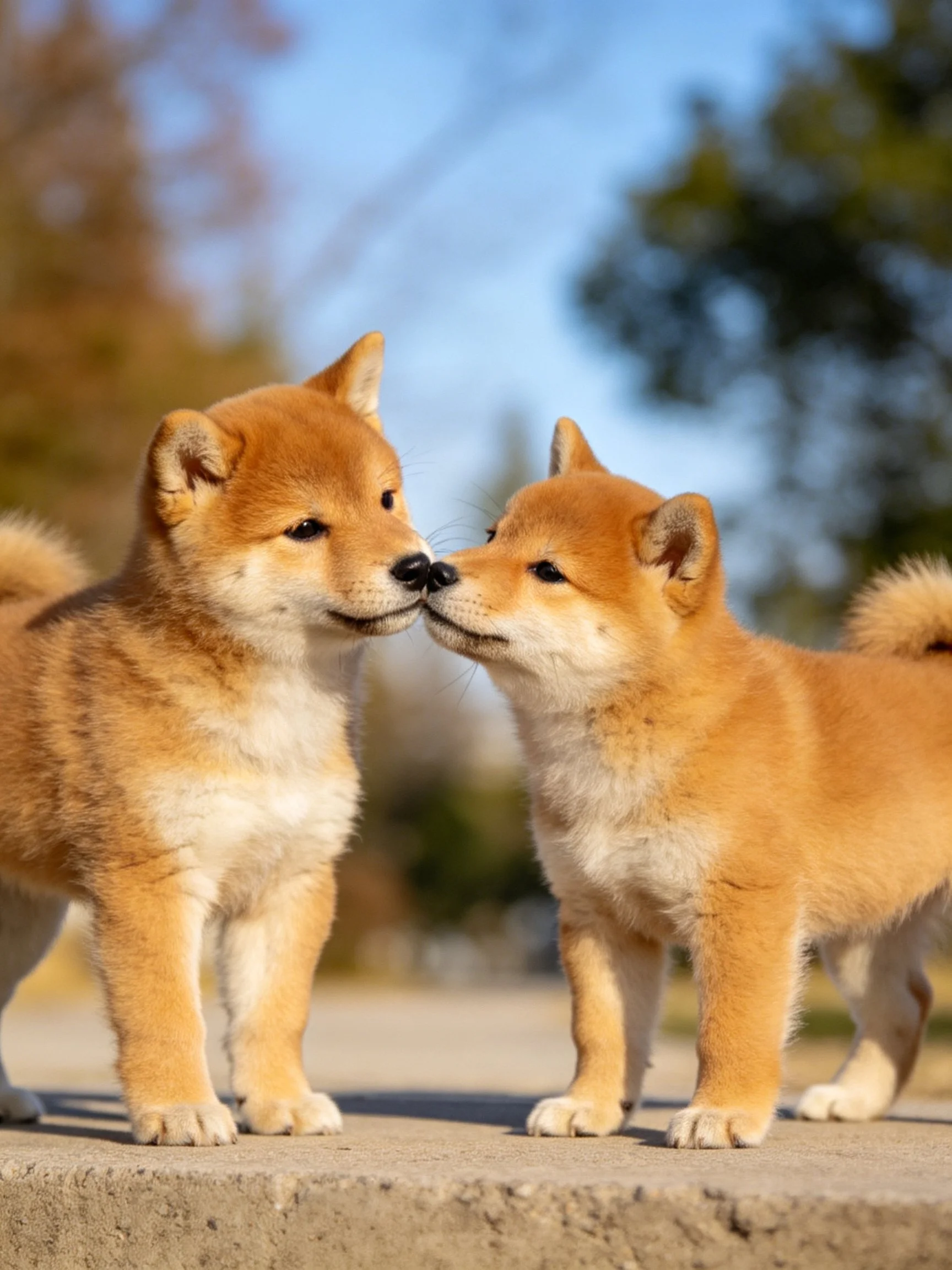 Two golden Shiba Inu puppies nuzzling outdoors