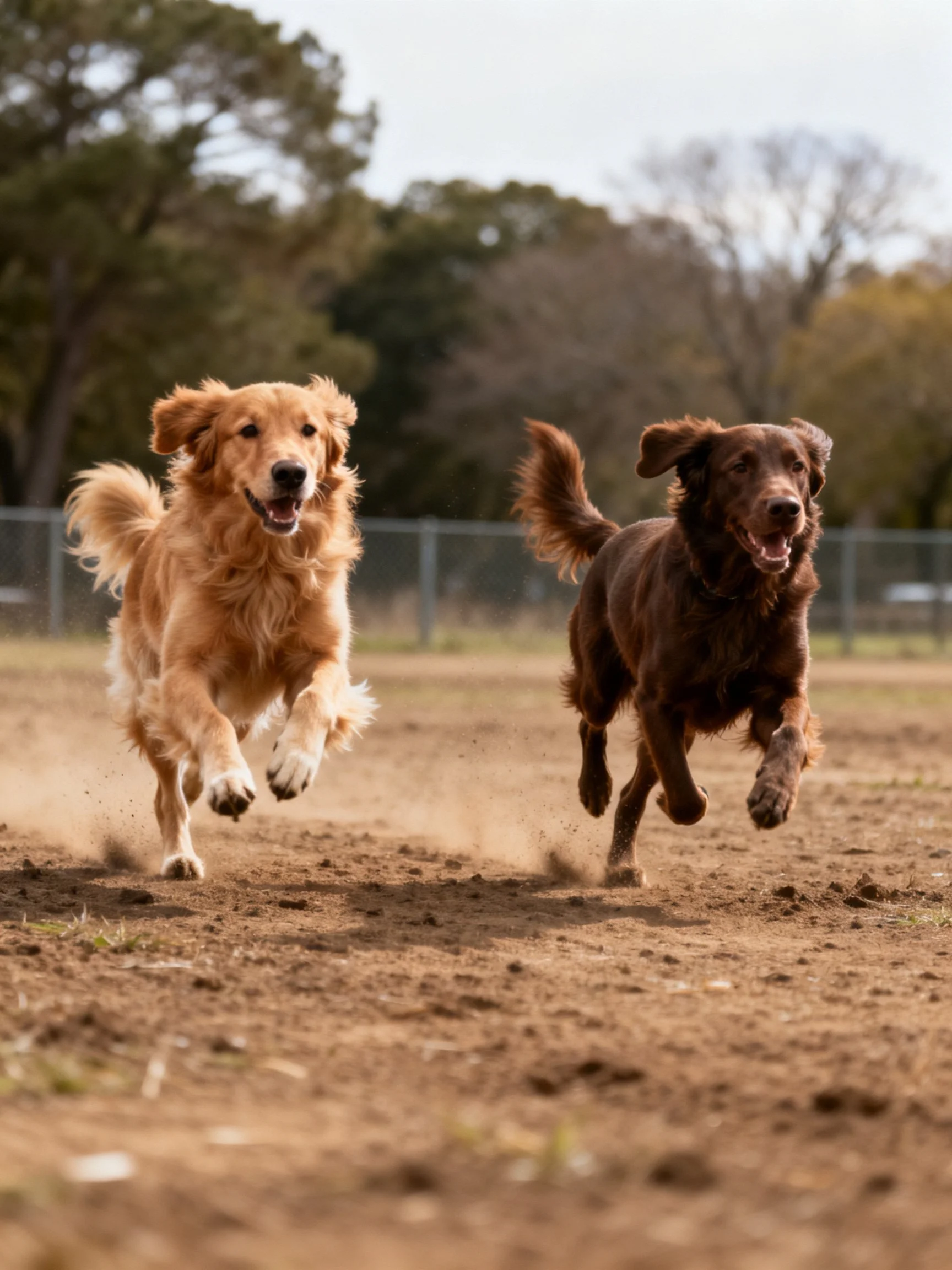 Two retrievers of different colors run energetically on a dusty area.