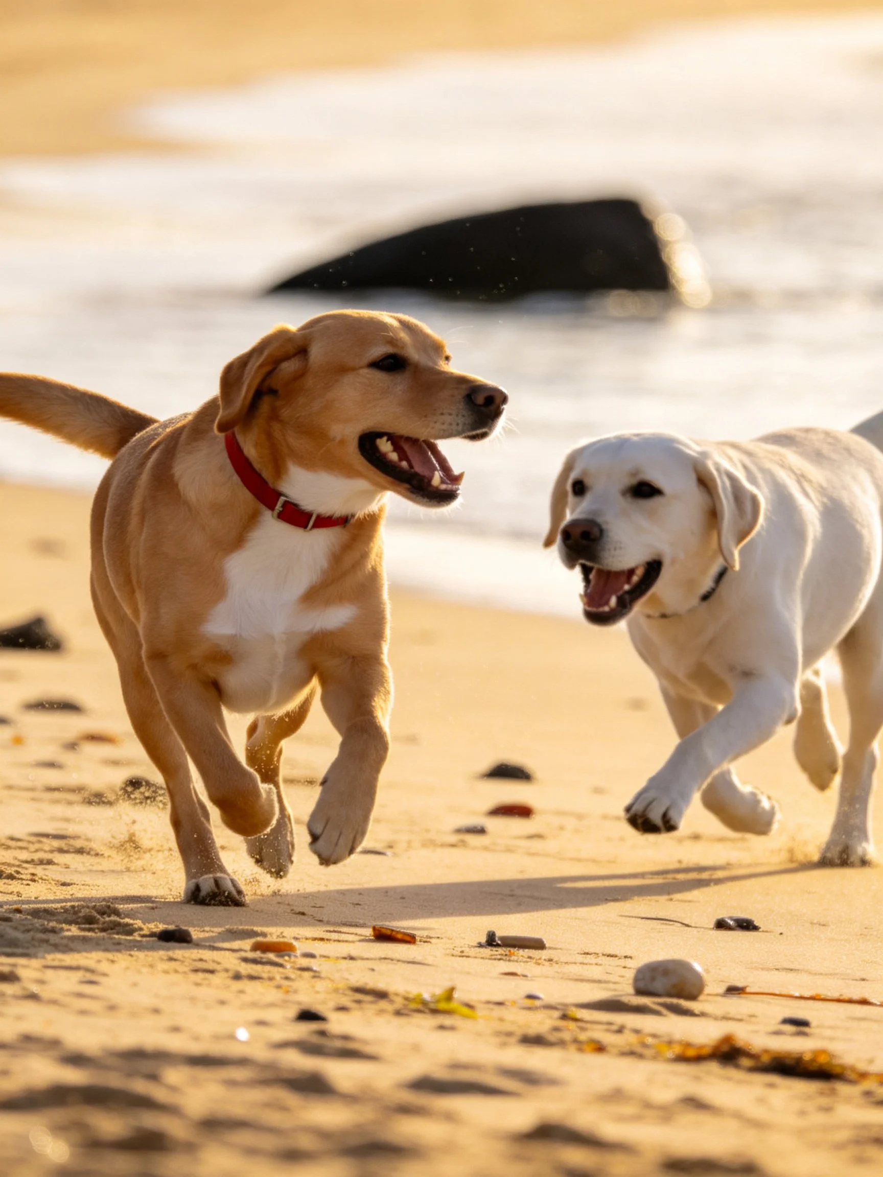 Two dogs run happily along a sandy shoreline near the water.