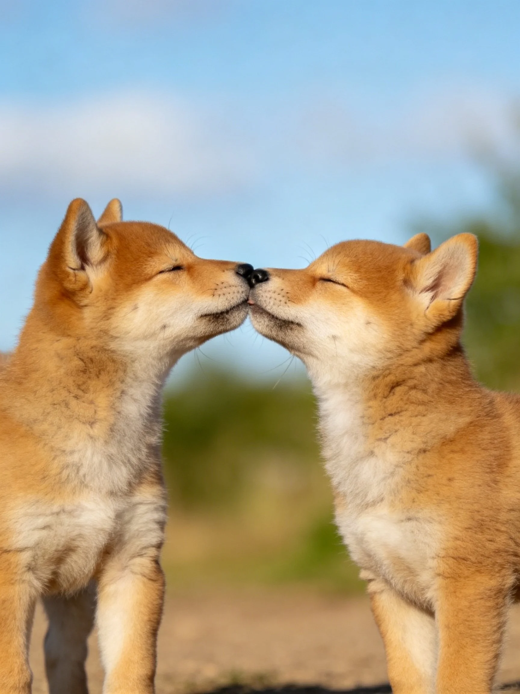 Two golden-furred puppies sharing an affectionate moment outdoors