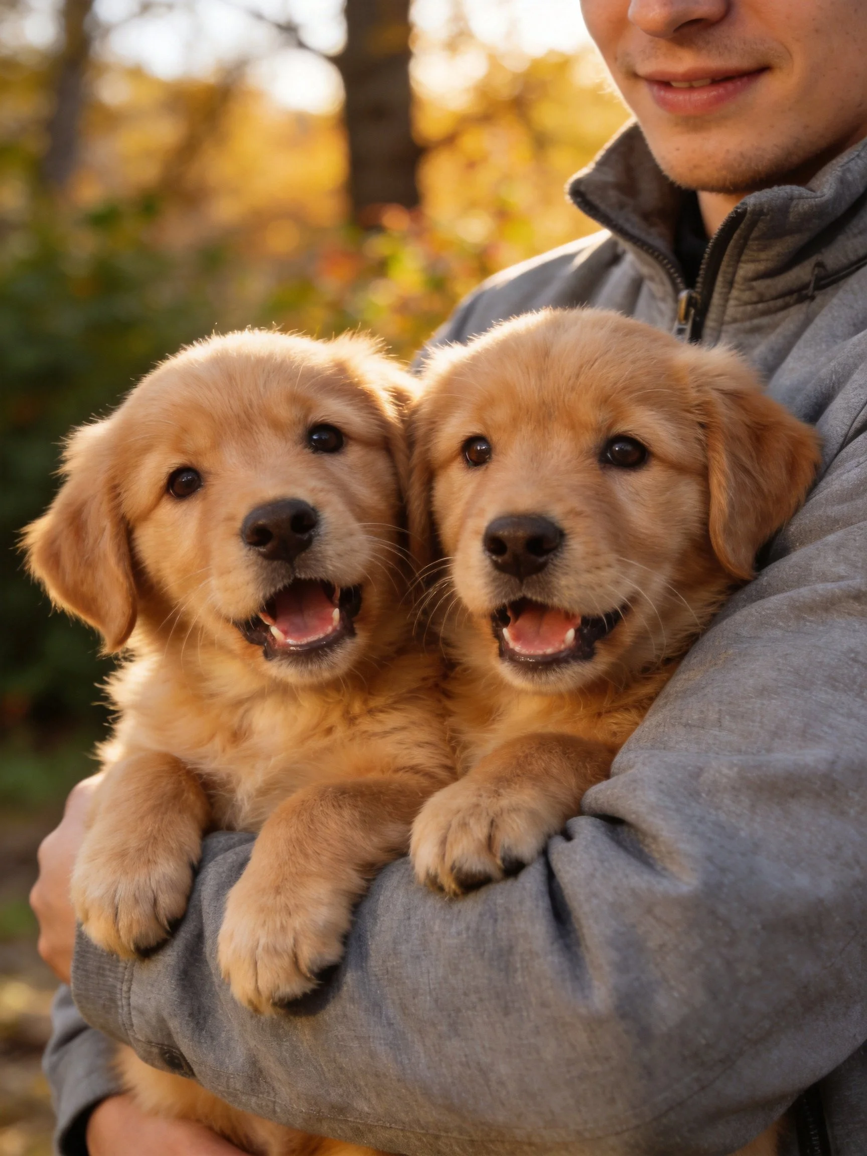 A person holds two golden retriever puppies outdoors near autumn trees