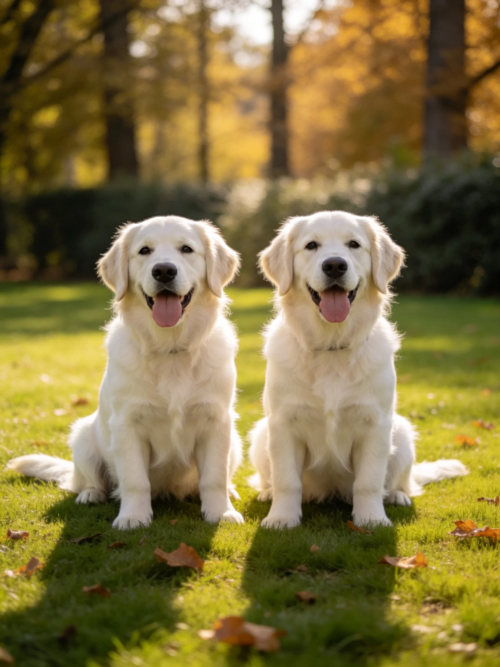 Two golden retriever puppies sit happily on a sunlit grassy lawn