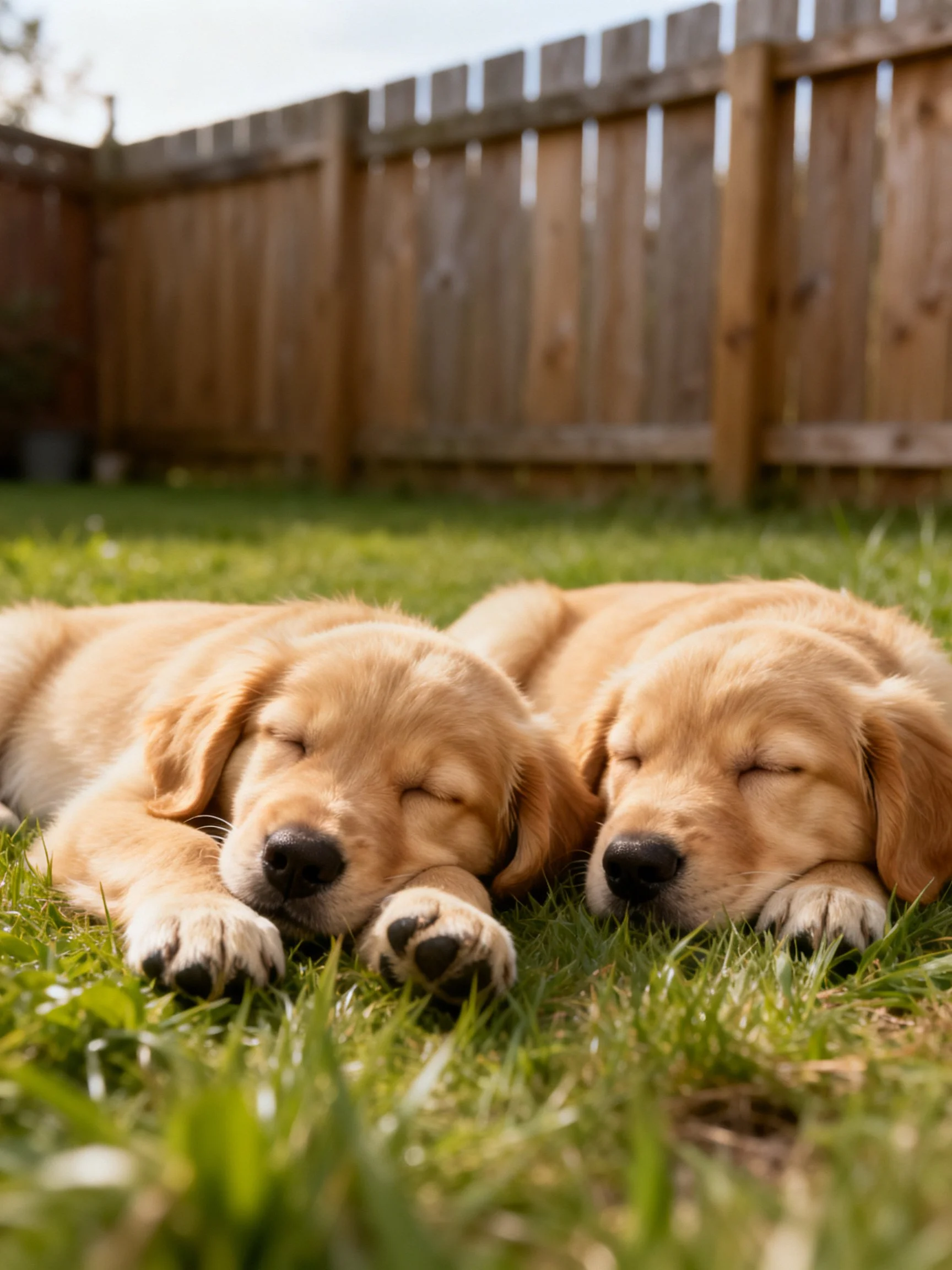 Two golden retriever puppies sleep on green grass near a wooden fence