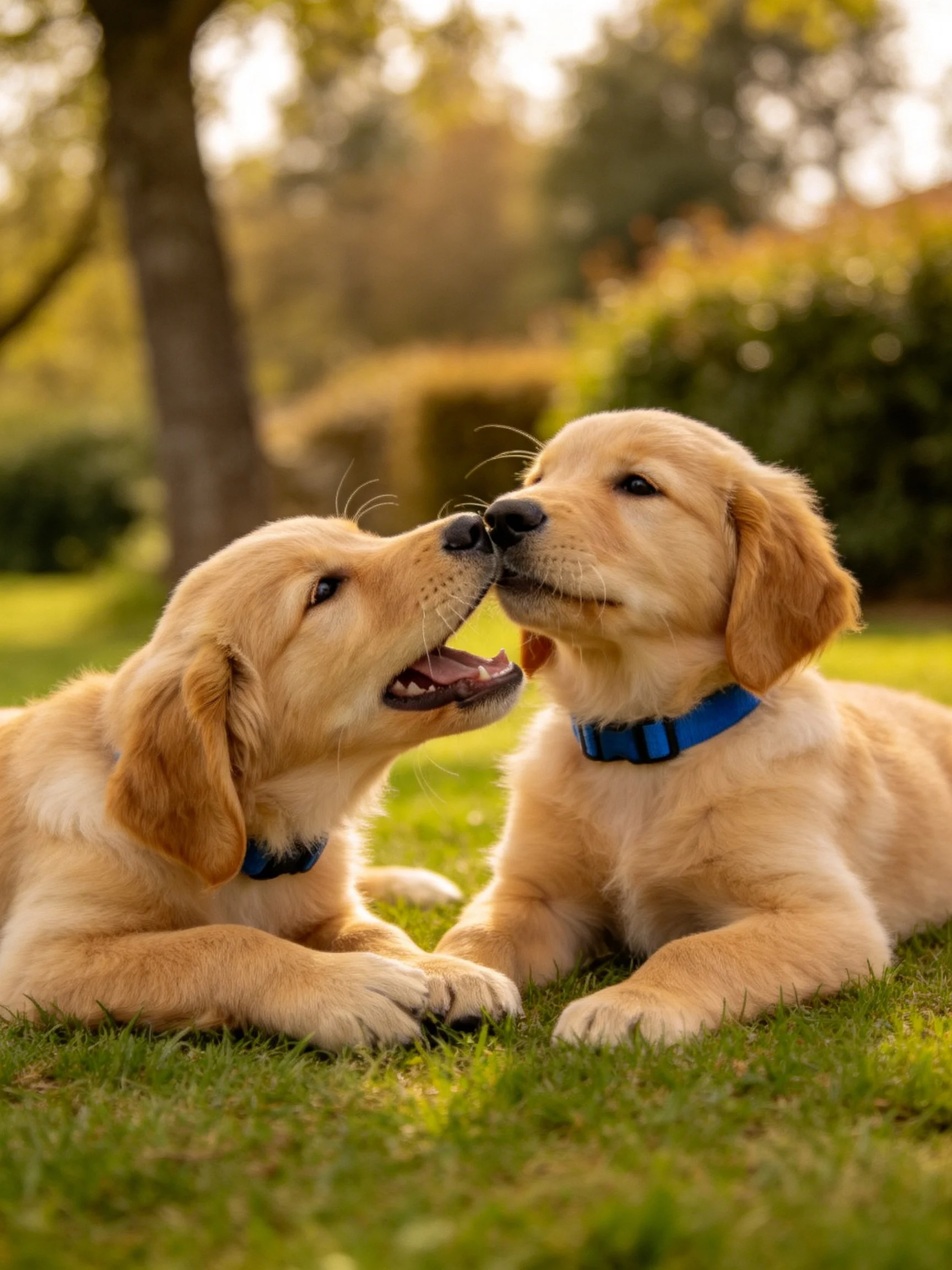 Two golden retriever puppies wearing blue collars play on green grass