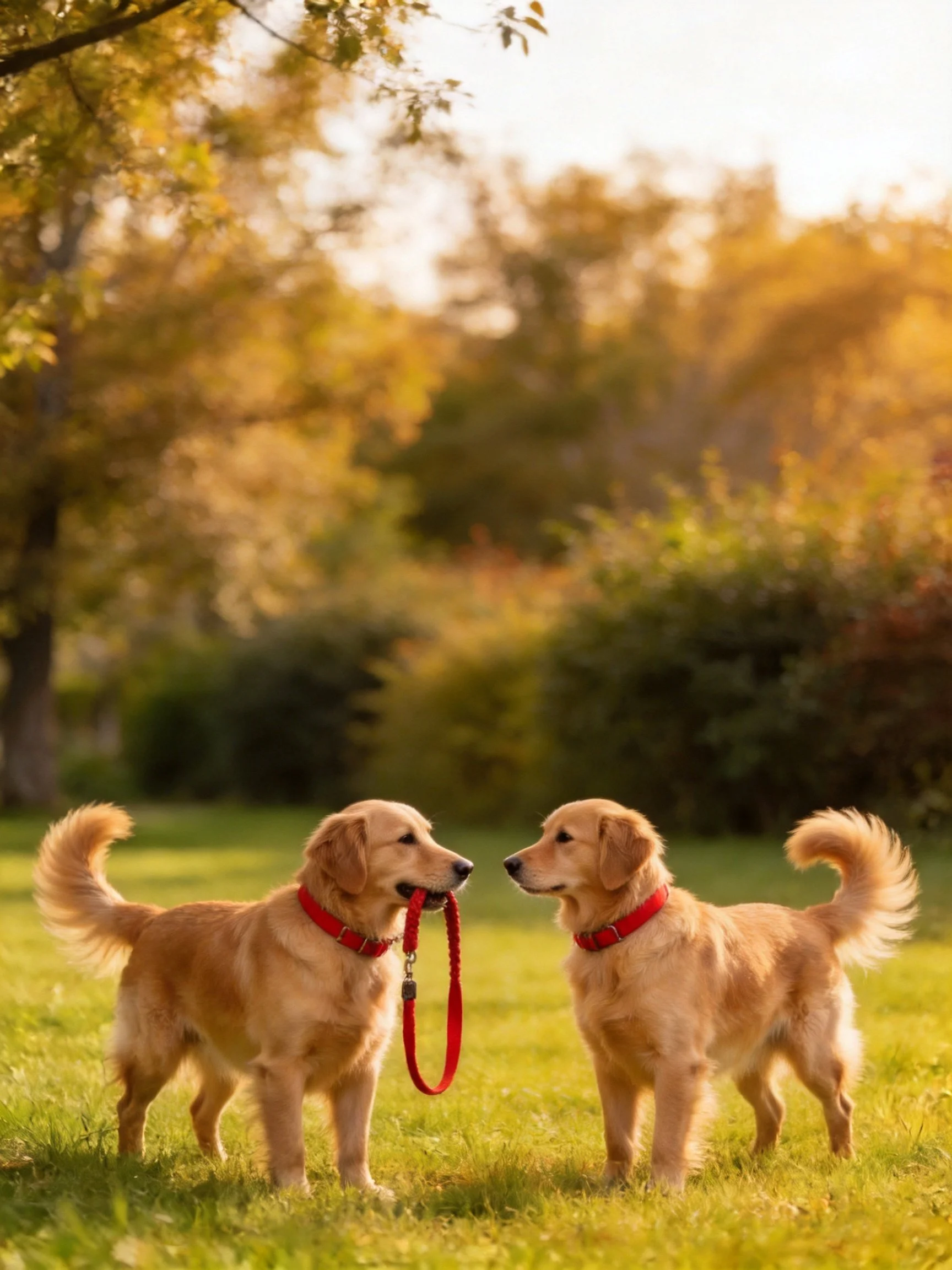 Two golden retrievers hold a red leash in a sunlit park