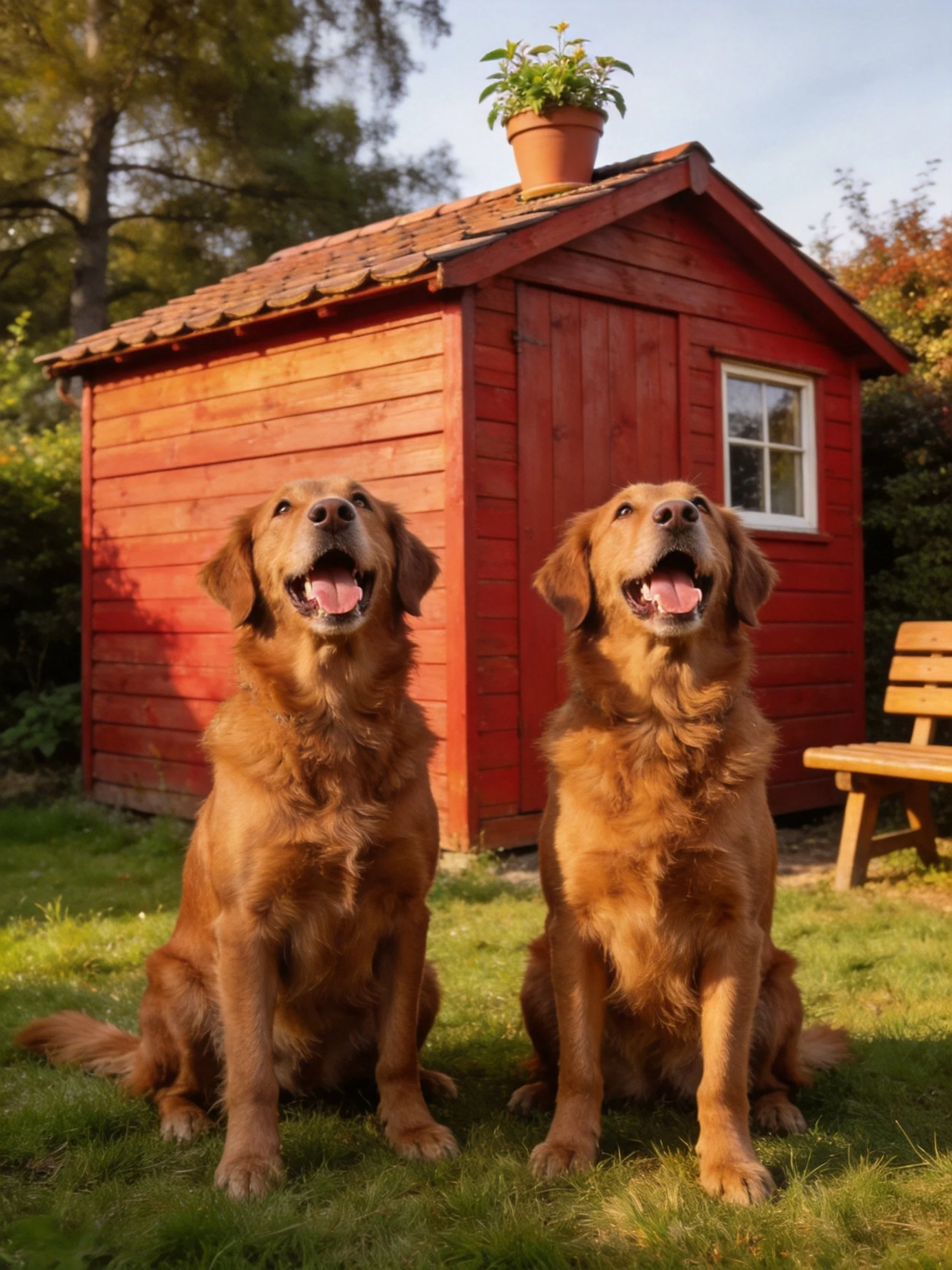 Two golden retrievers sit happily in front of a red wooden shed in a sunny garden.