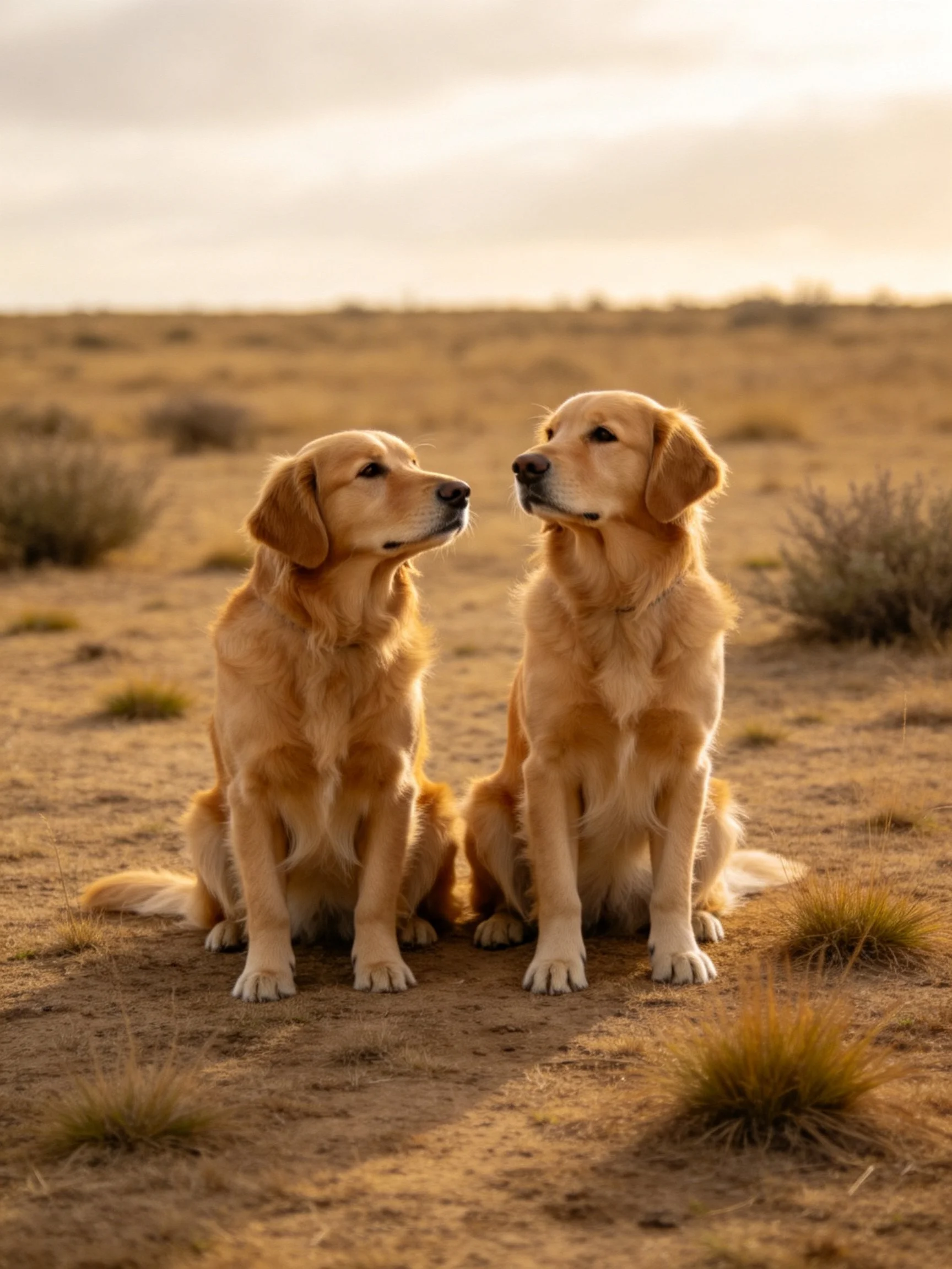 Two golden retrievers sit side by side in an open, dry landscape.