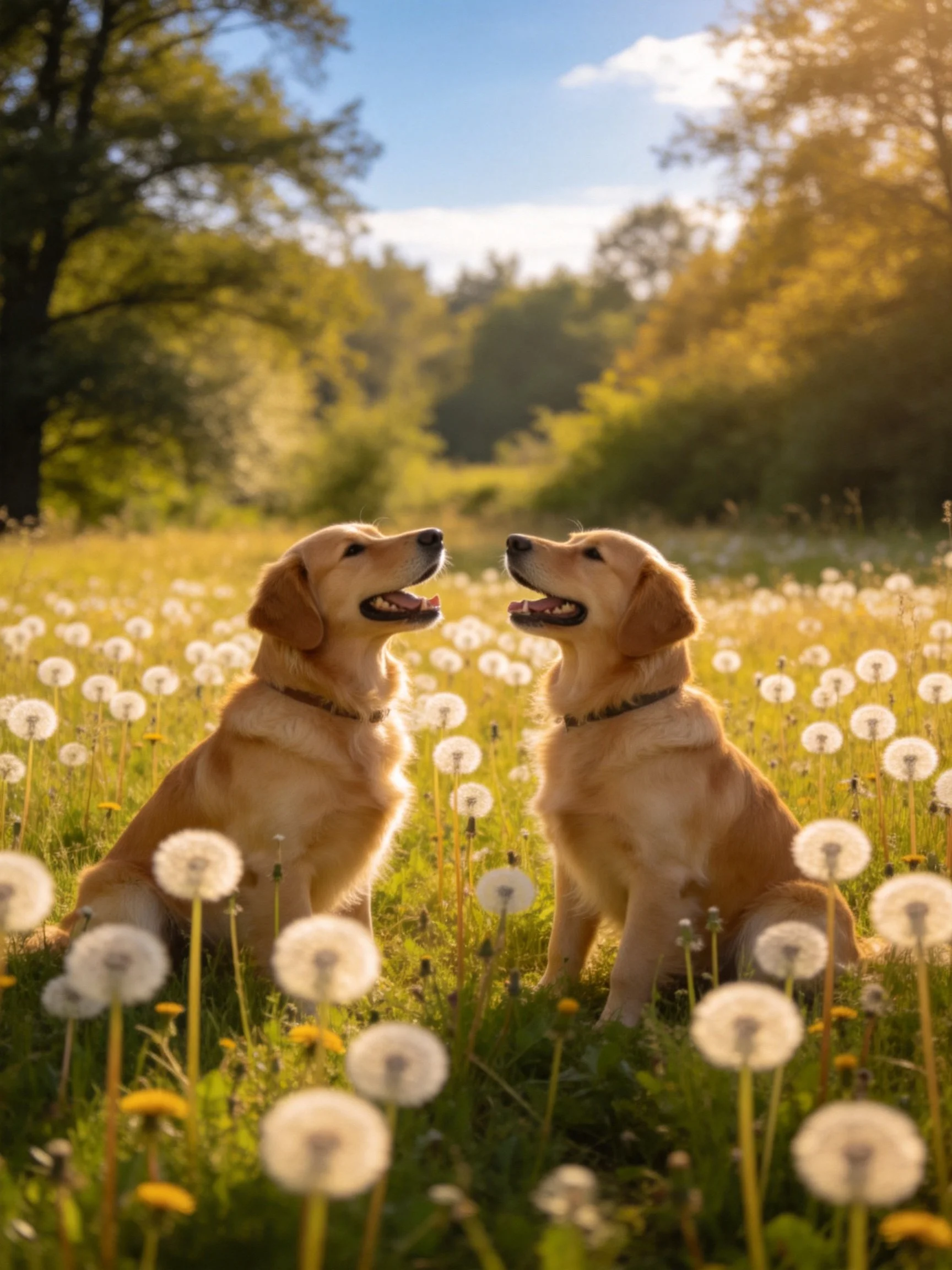 Two golden retrievers face each other in a sunlit dandelion-filled field.