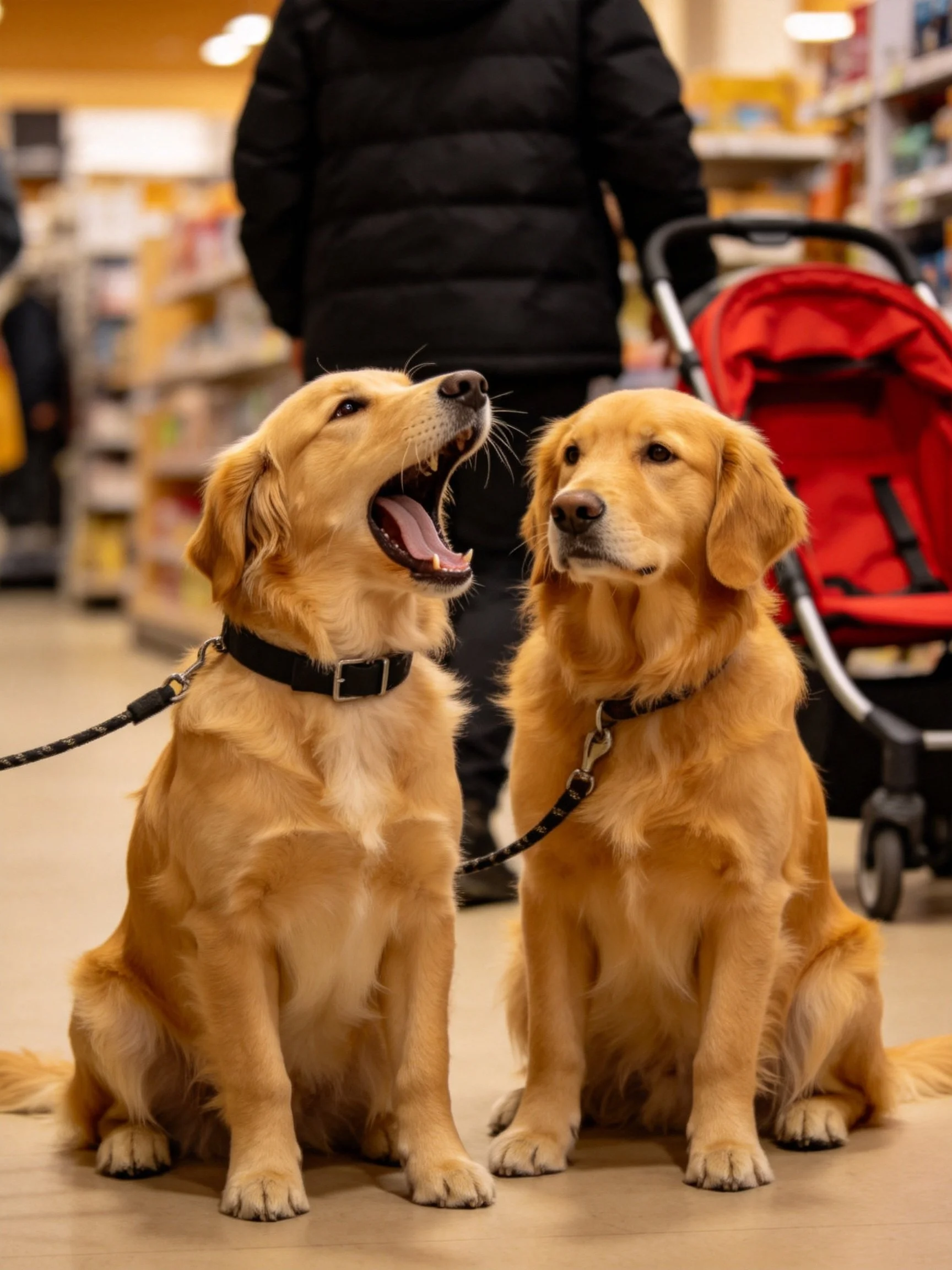 Two golden retrievers sit leashed inside a store with shelves and a stroller.
