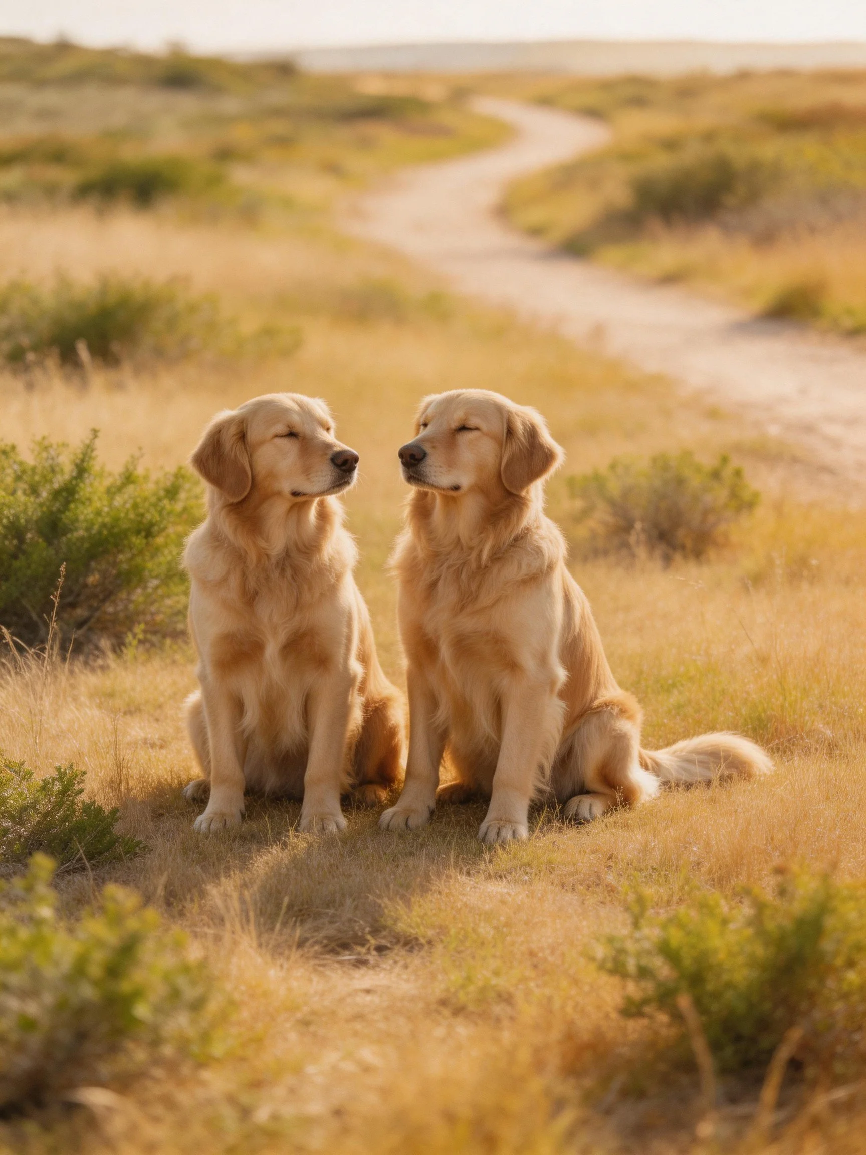 Two golden retrievers sit together on dry grass in a sunlit natural landscape.