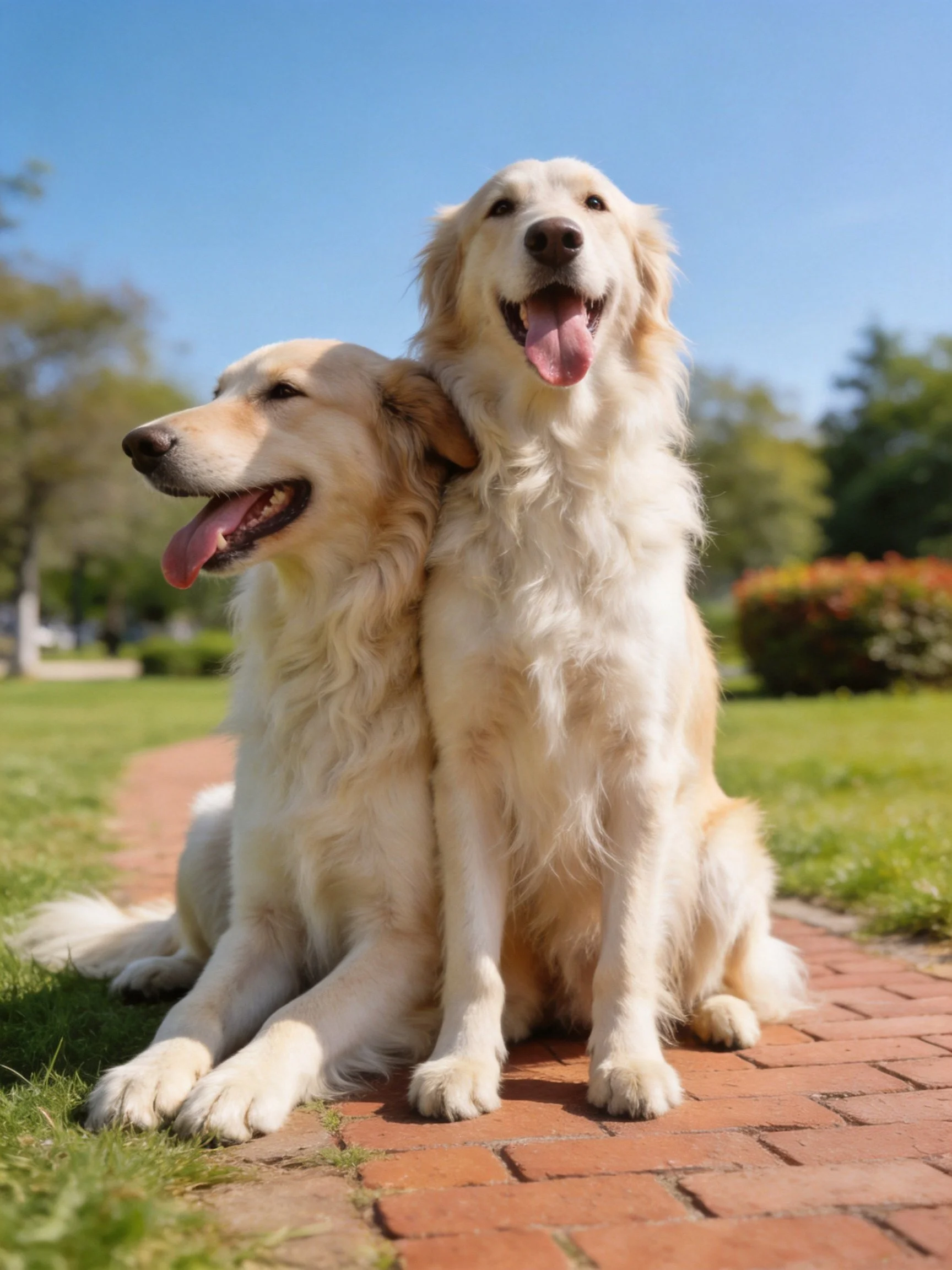 Two golden retrievers sit together on a brick path in a sunny park