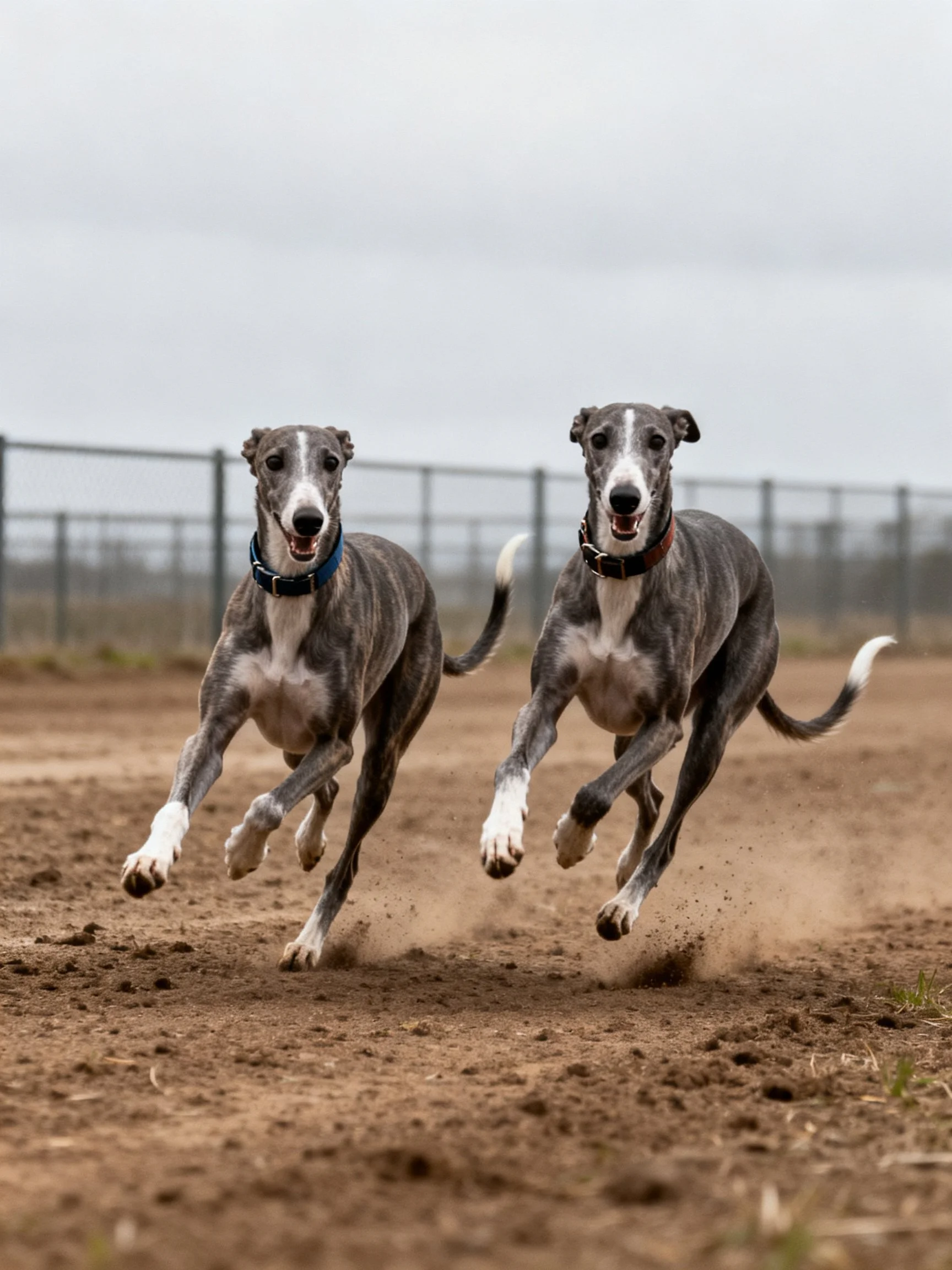 Two greyhounds sprint together on a dusty track