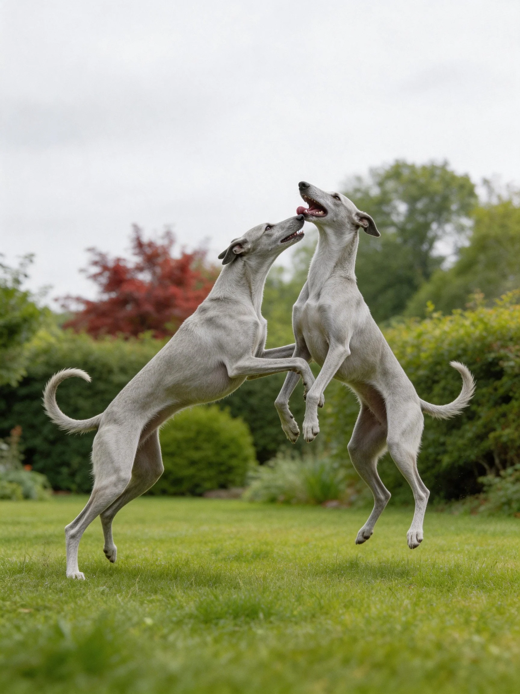 Two grey dogs engage in playful interaction within a verdant garden landscape.