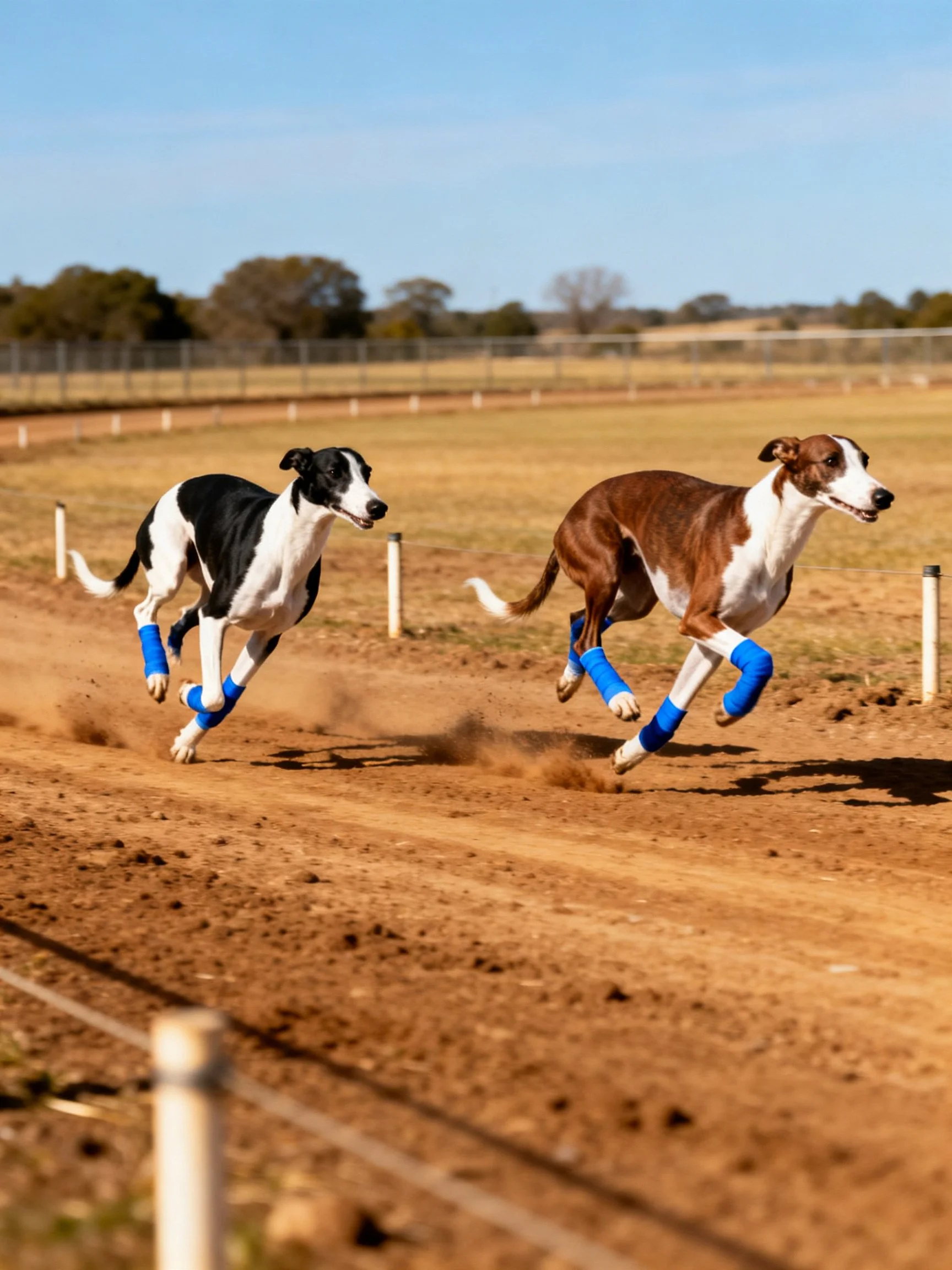 Two greyhounds sprint side by side on a dusty racetrack.