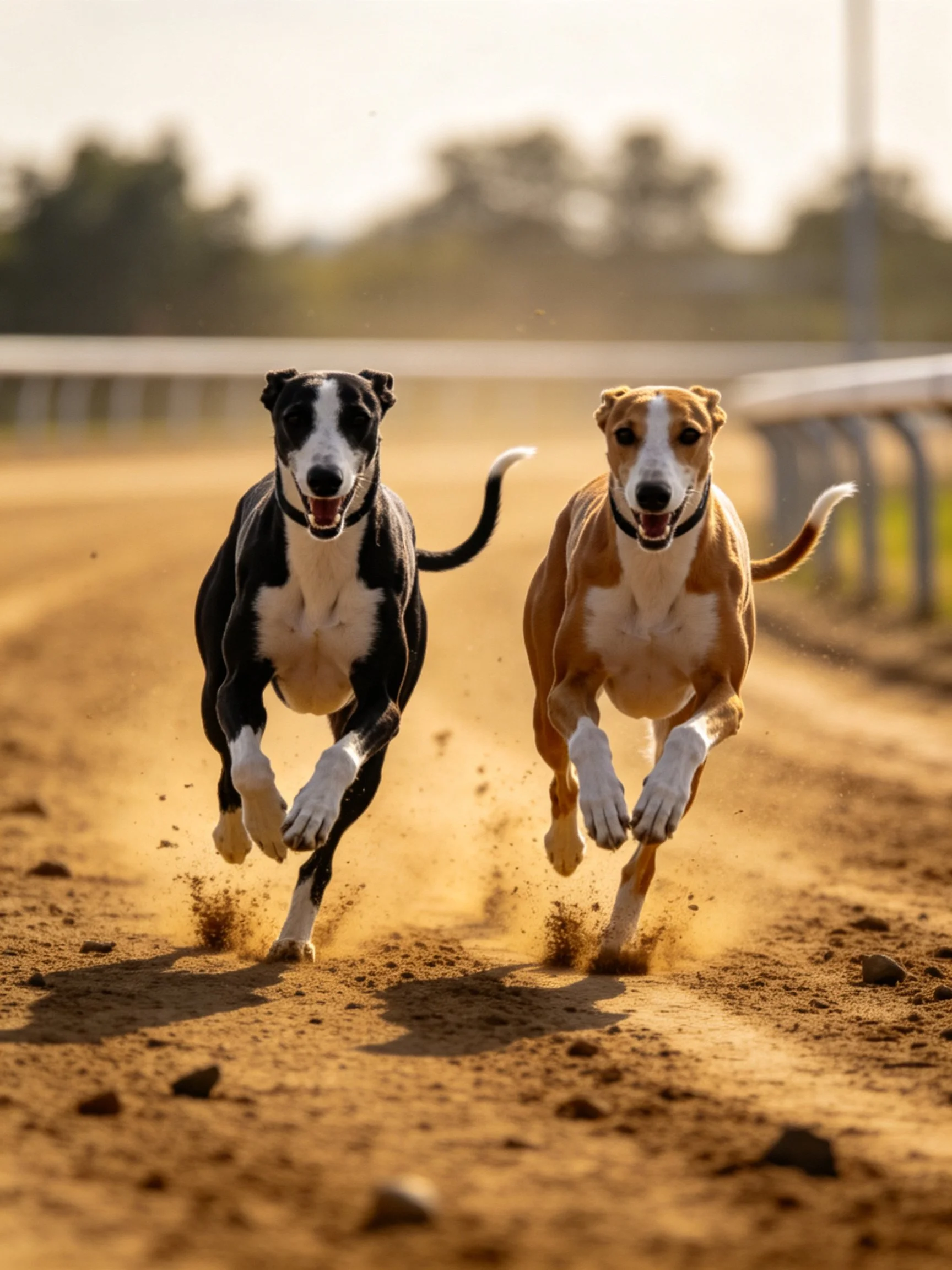 Two greyhounds race side by side on a dusty track