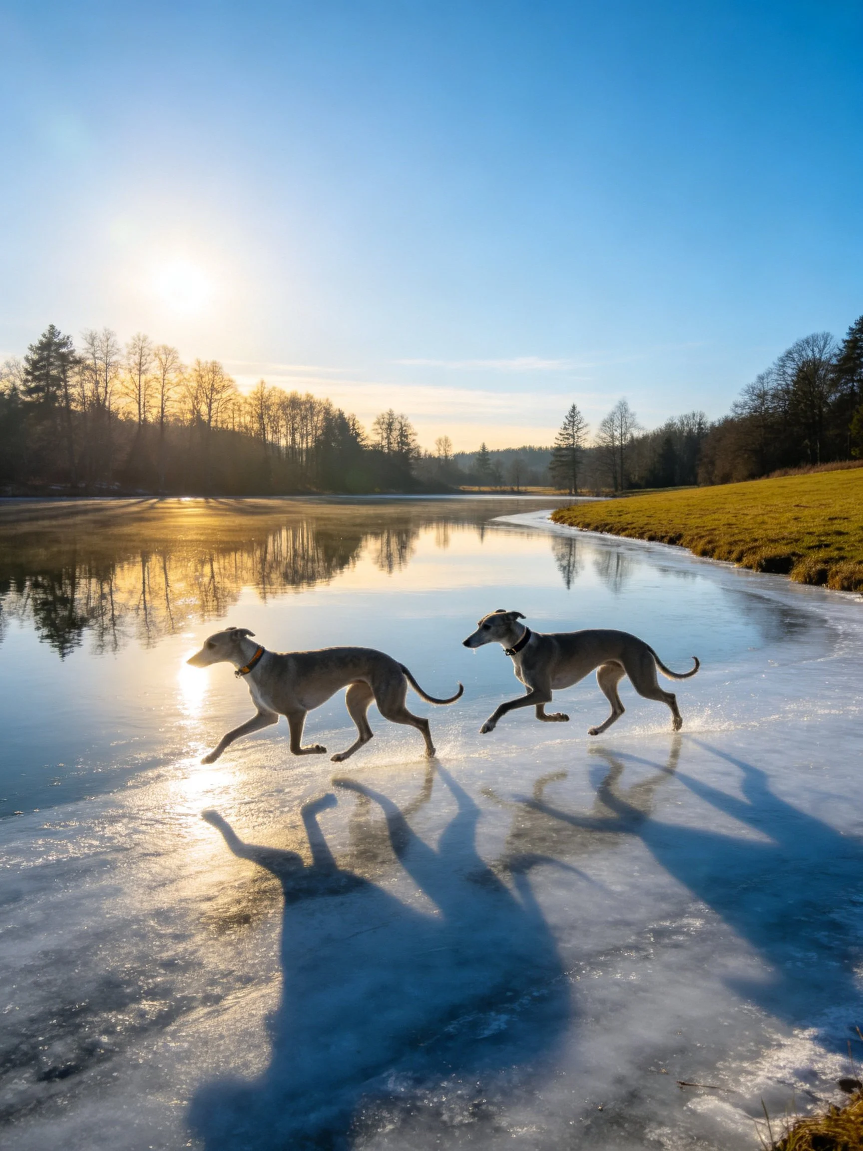 Two greyhounds run across frozen water in a sunlit landscape.