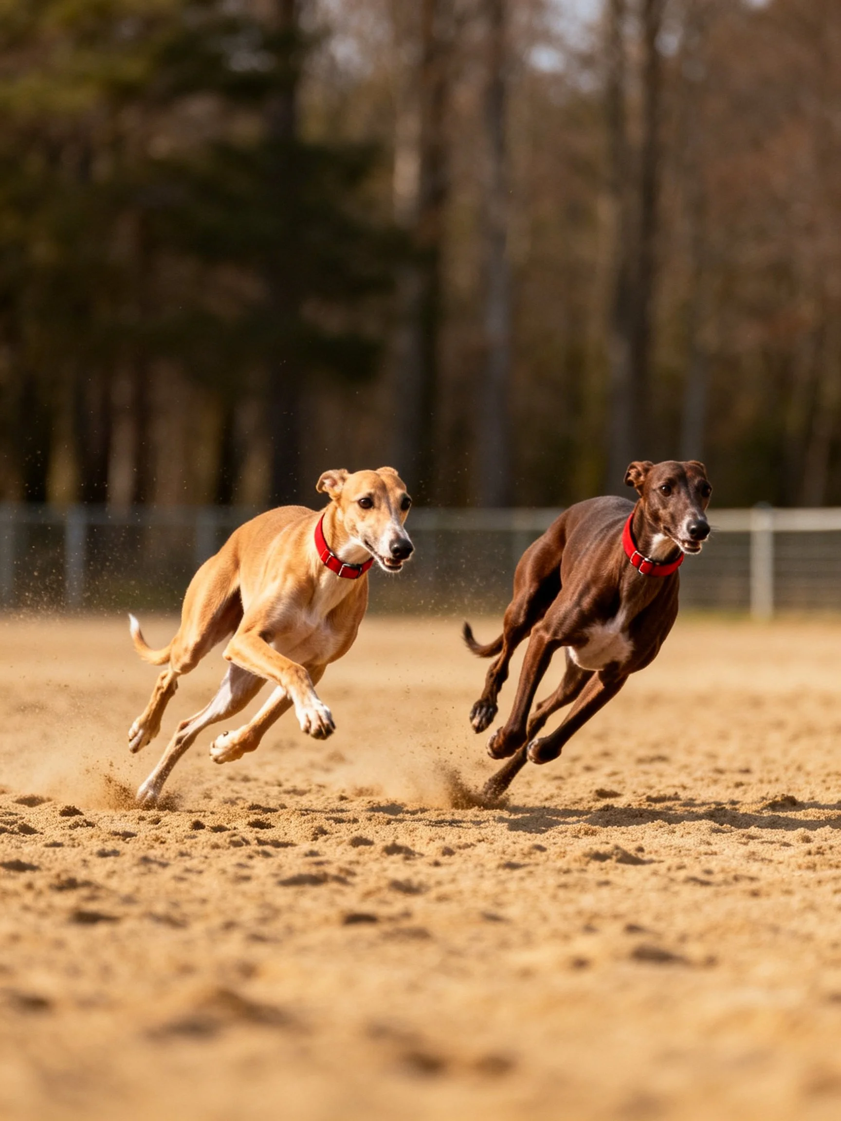 Two greyhounds sprinting side by side on sandy track with red collars