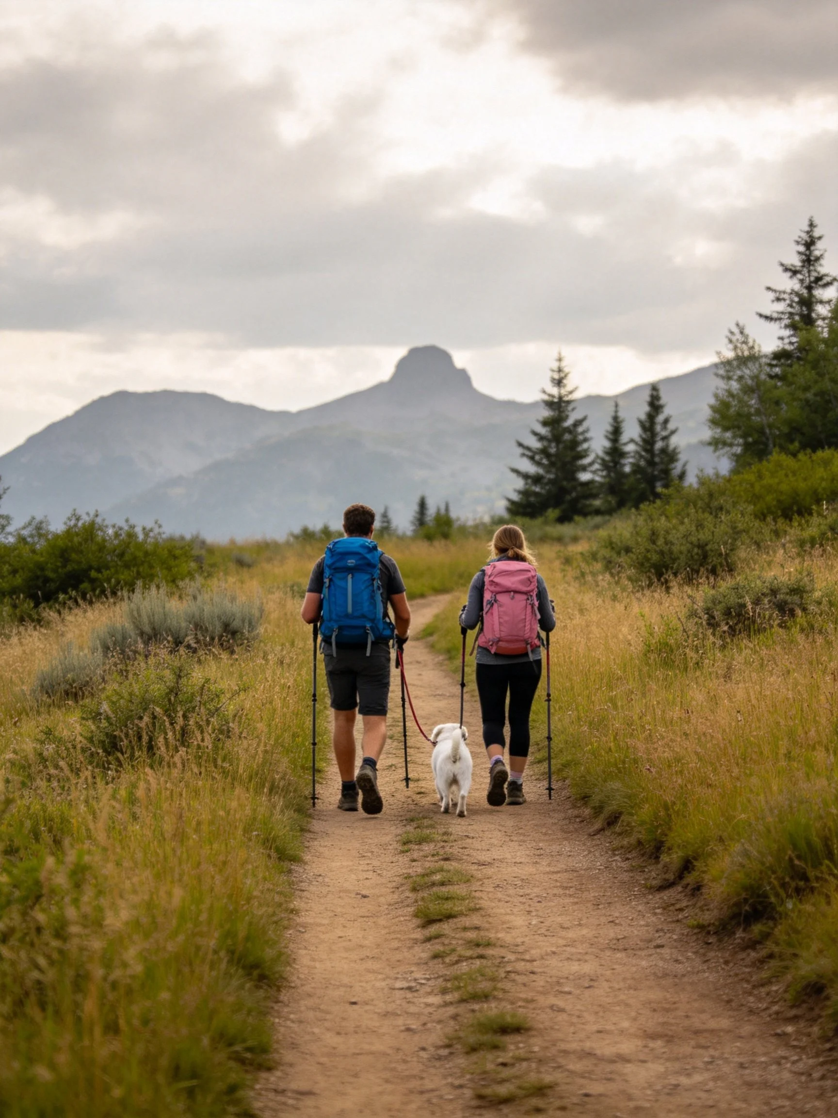 Two hikers and a dog hike along a dirt trail in a mountainous natural area.