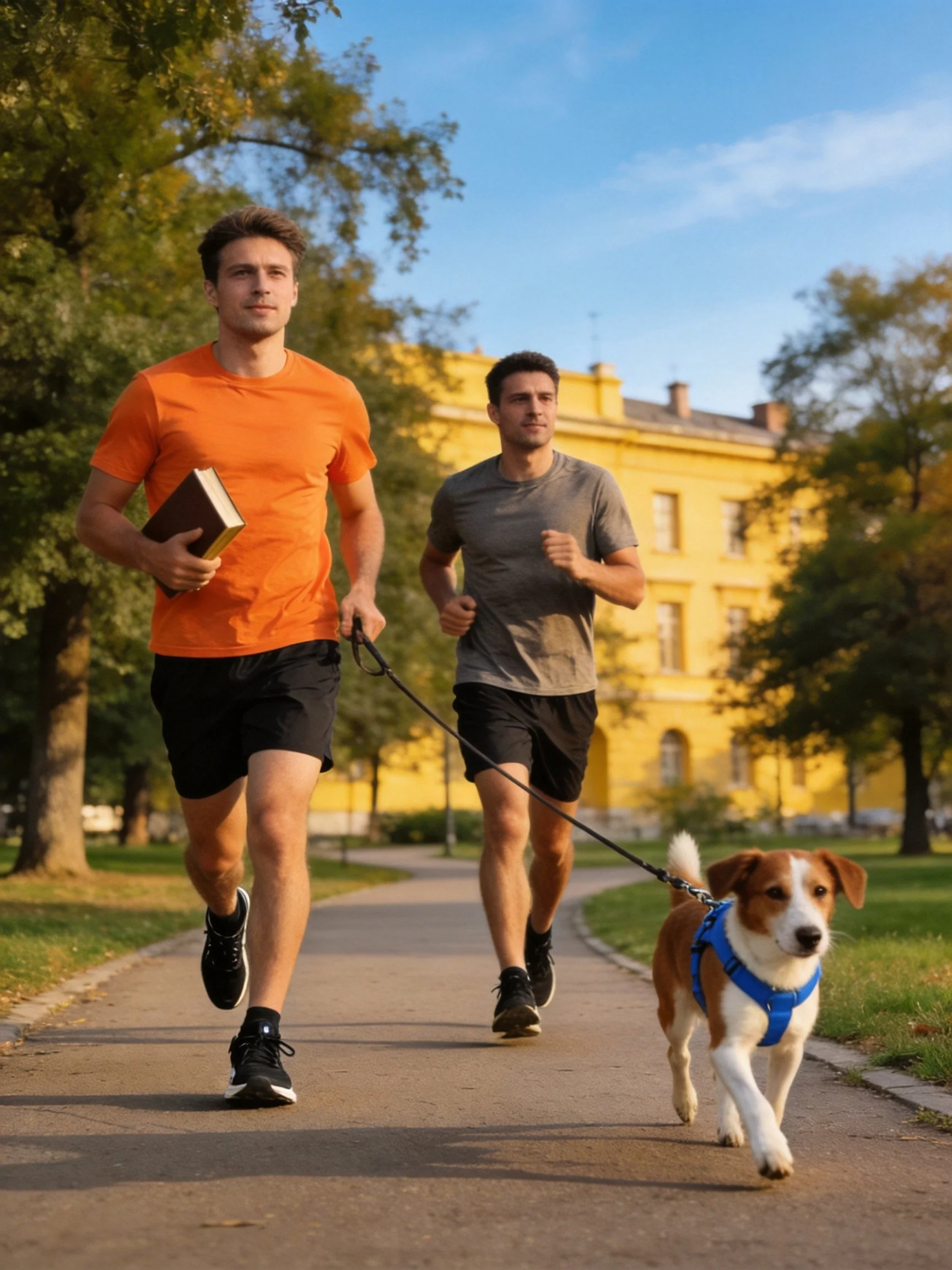 Two men jog with a dog on a park path beside a large yellow building.