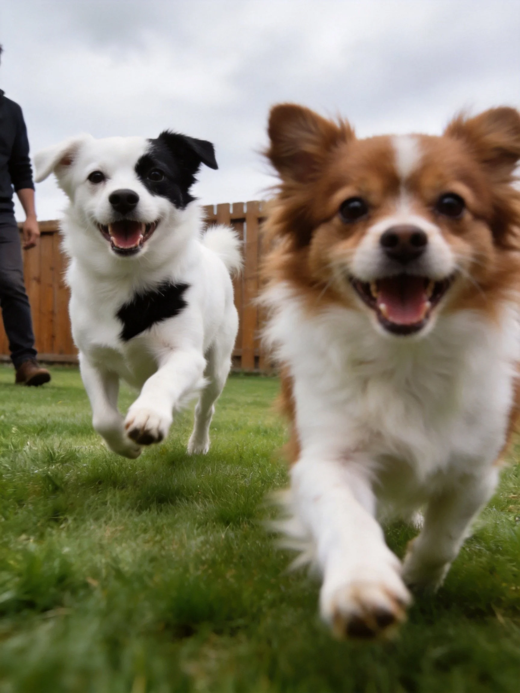 Two happy dogs run toward the camera in a grassy backyard area.