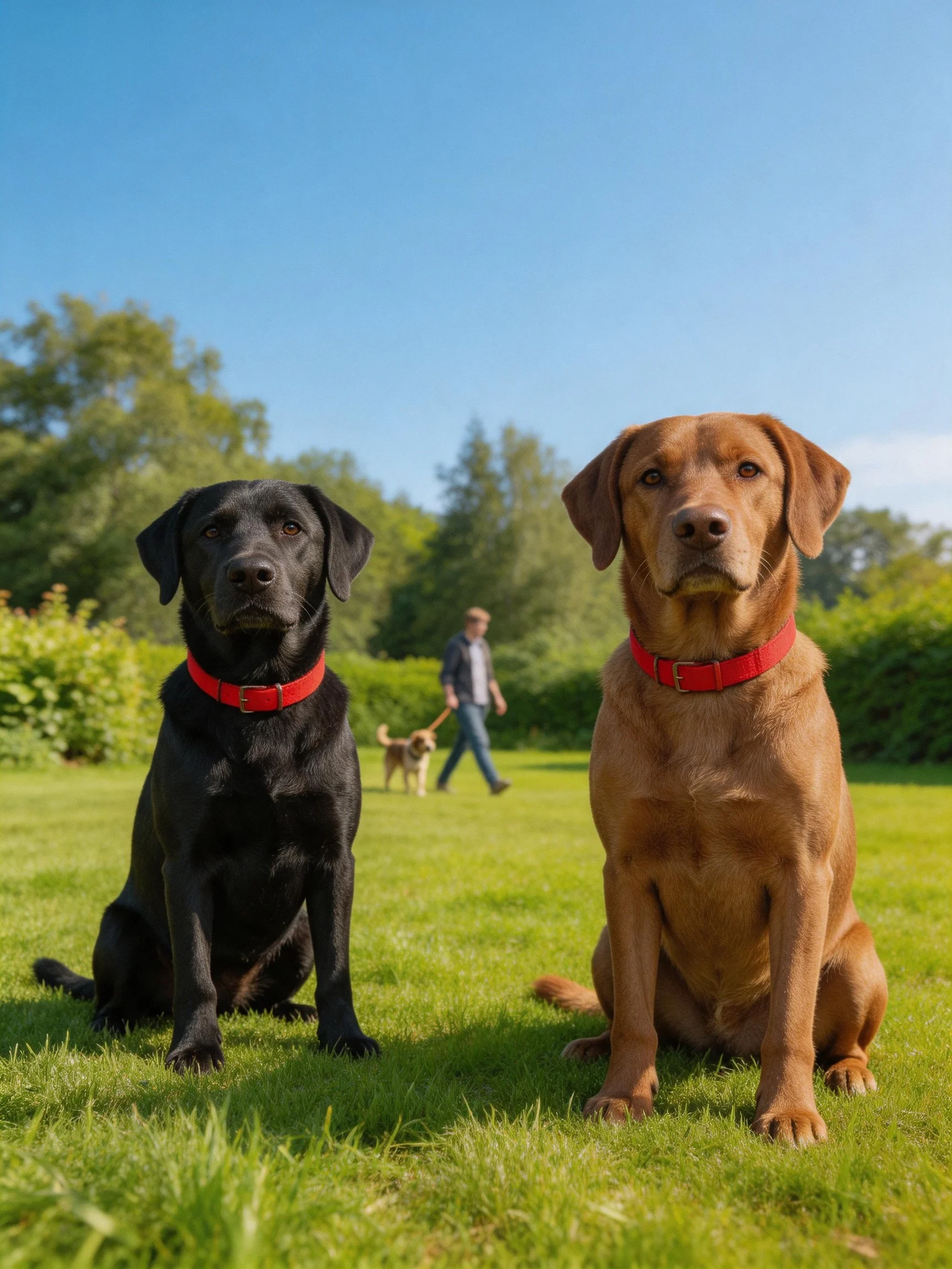 Two labrador retrievers with red collars sit on green grass near a person walking another dog