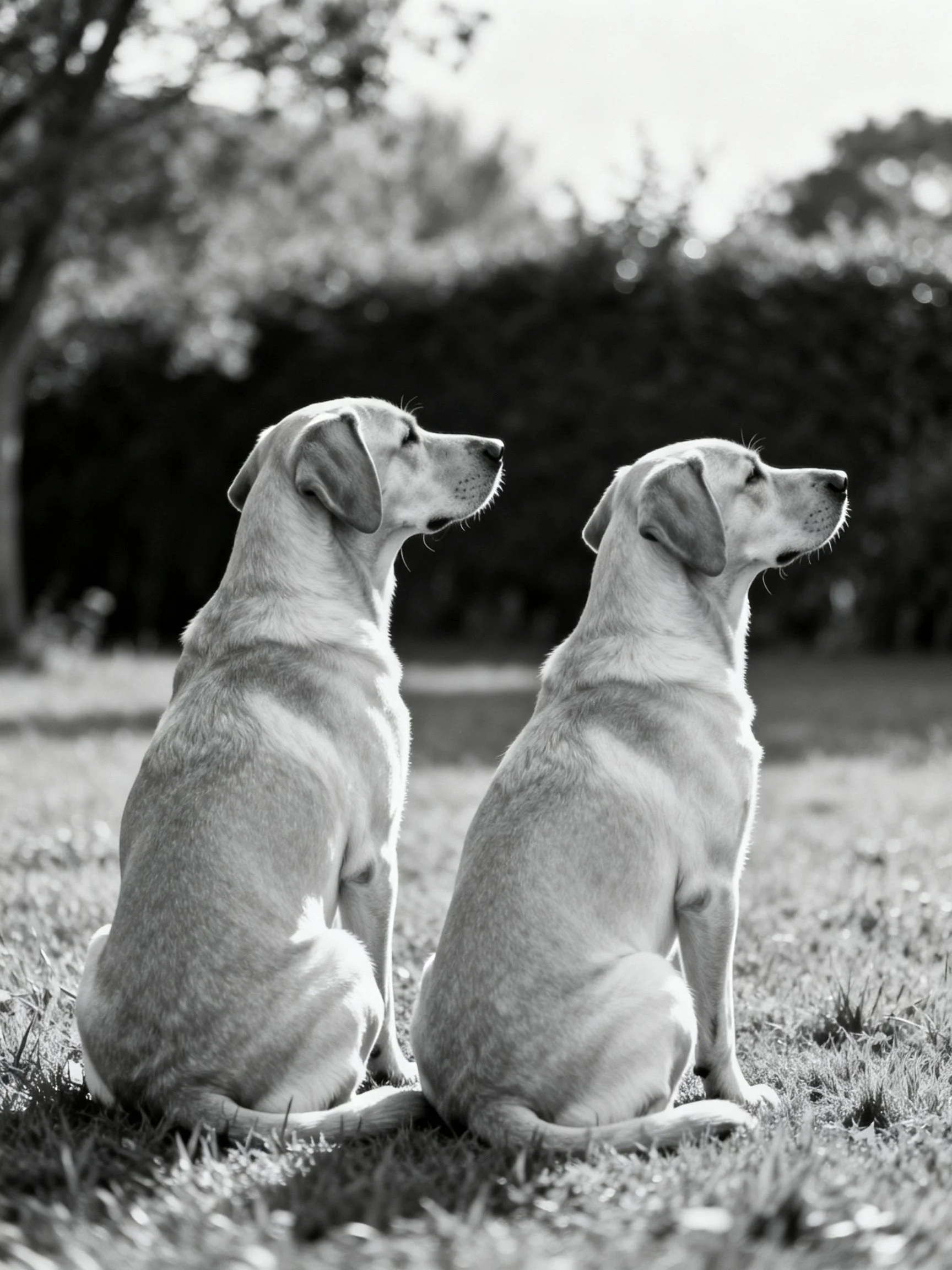 Two light - colored dogs sit side by side on grass in a black and white outdoor setting
