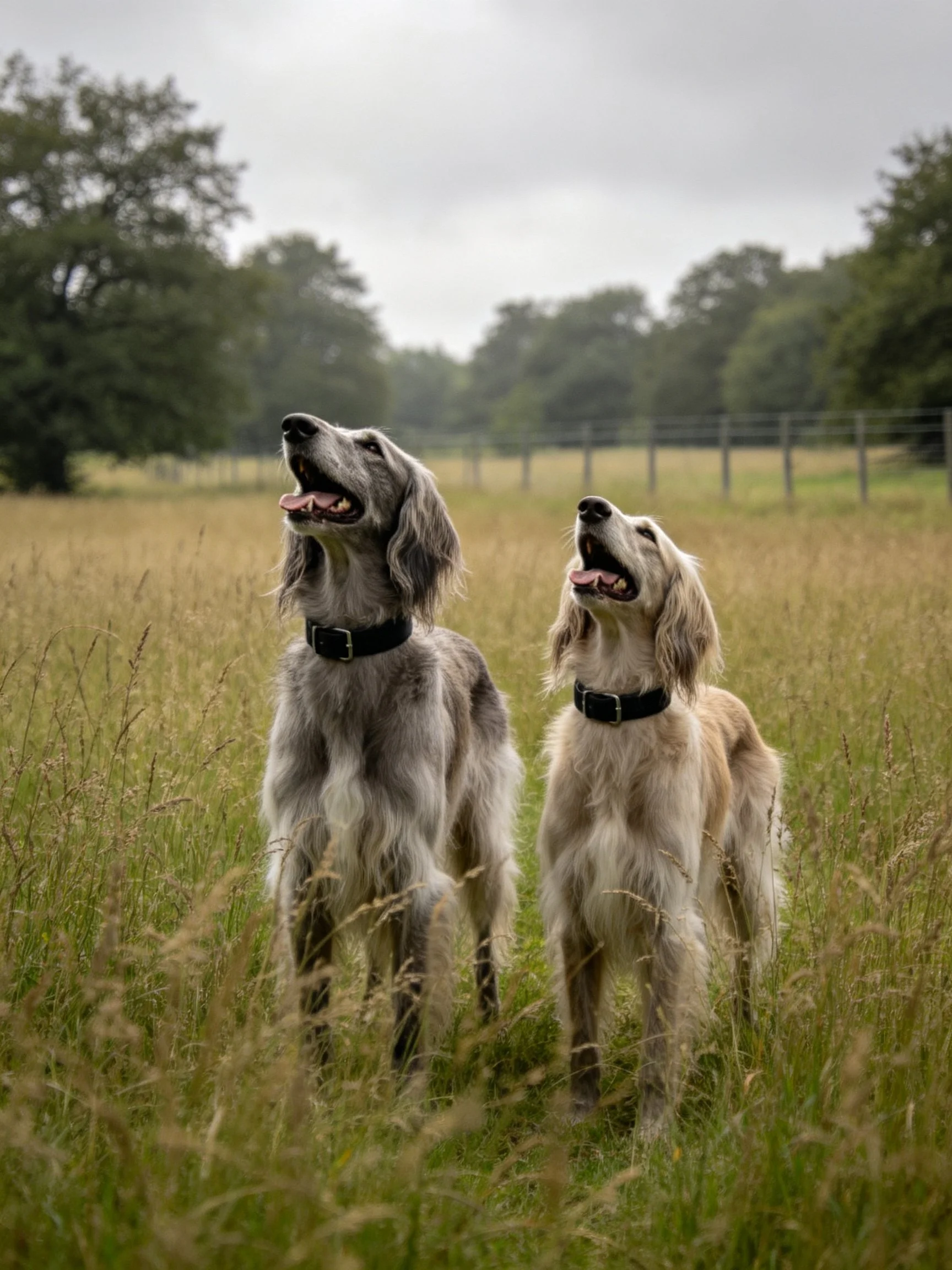 Two long-coated dogs stand in a grassy field with trees in the distance.