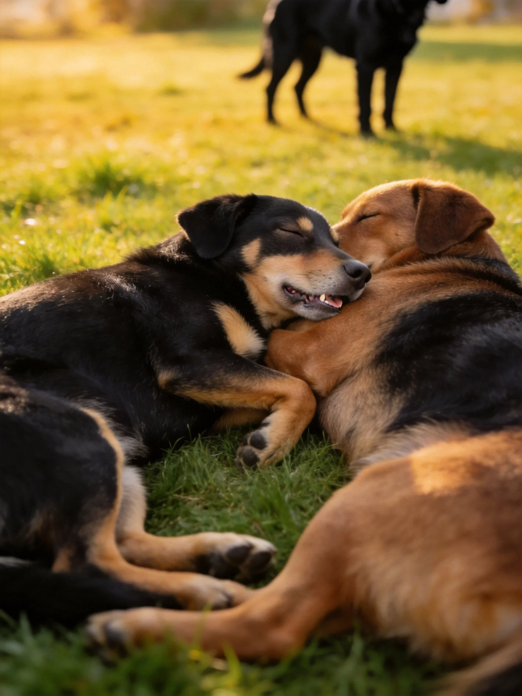 Two mixed - breed dogs cuddle on sunlit grass with a third dog standing