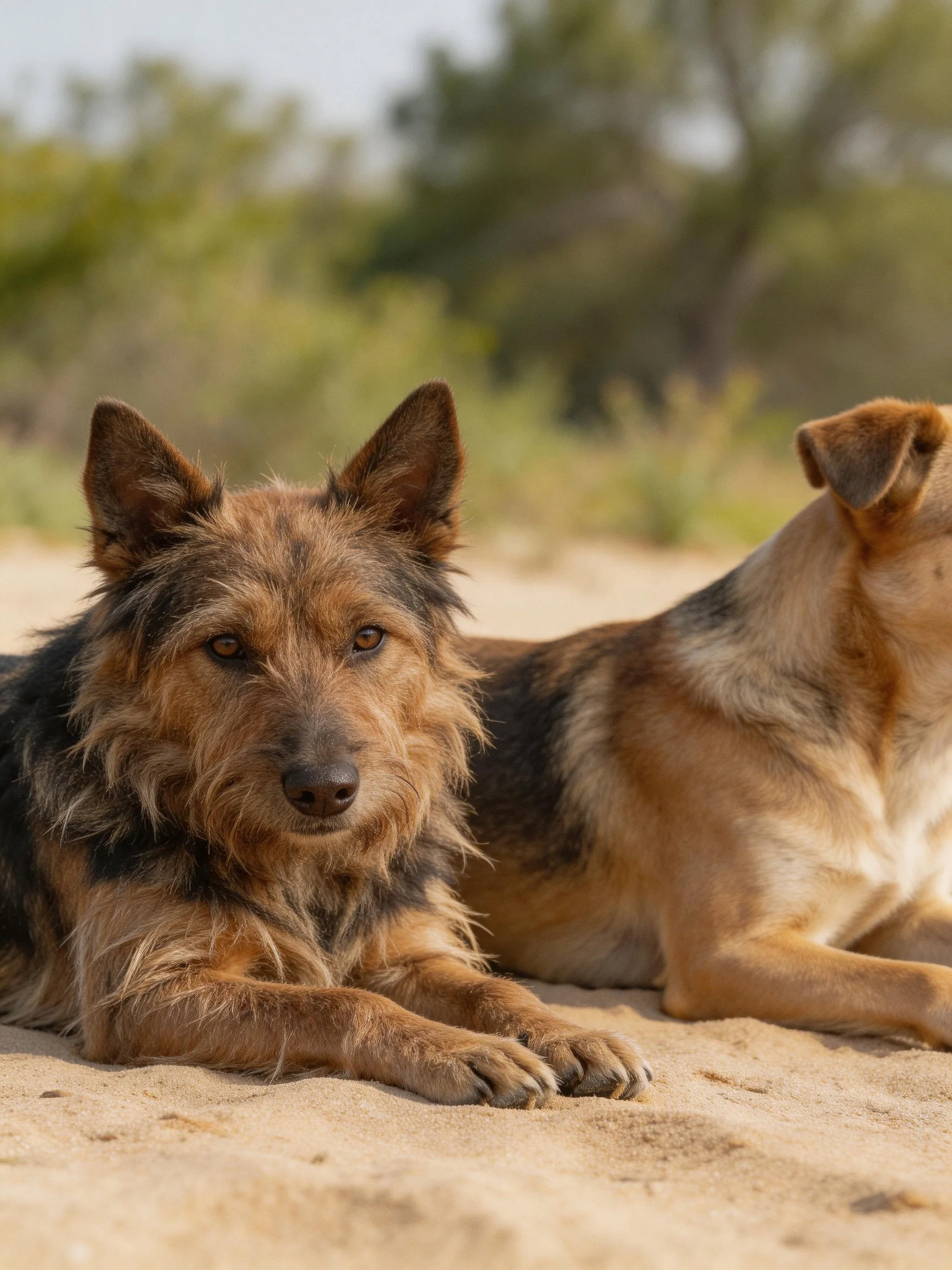 Two mixed-breed dogs rest on sandy ground beside green foliage
