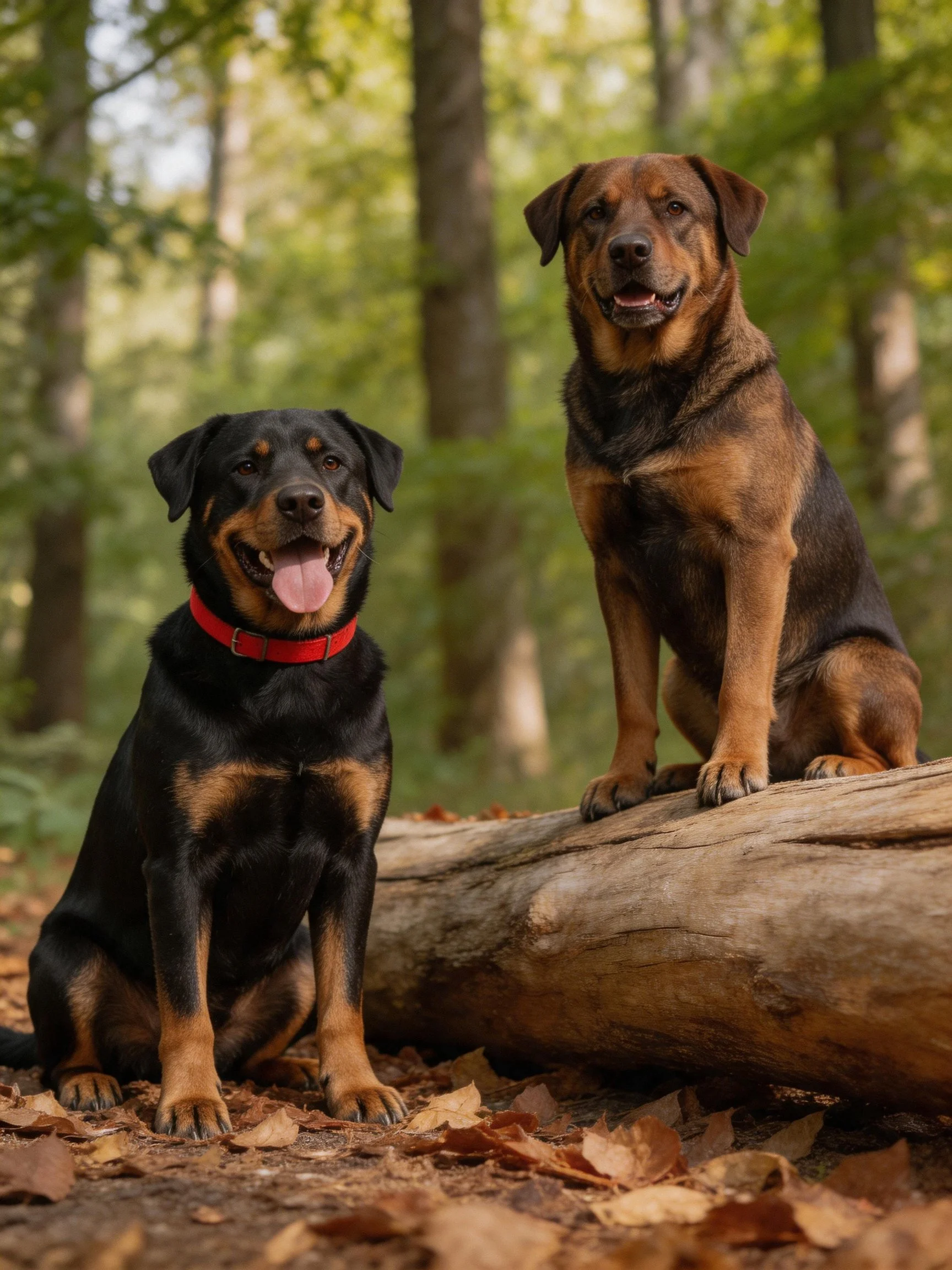 Two mixed-breed dogs rest near a log in a wooded area with fallen leaves.