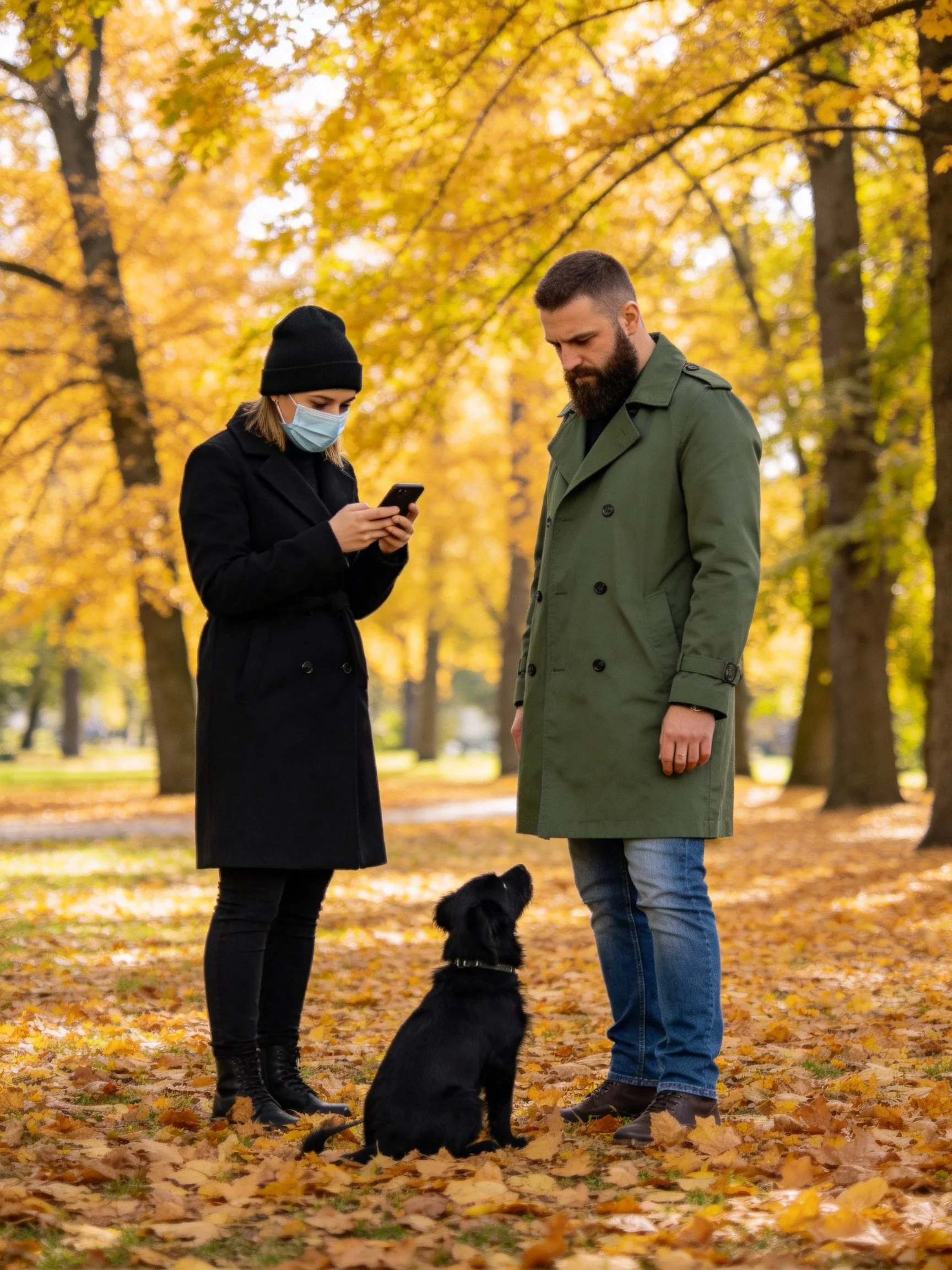Two people interact with a black dog in a leaf-covered autumn park.