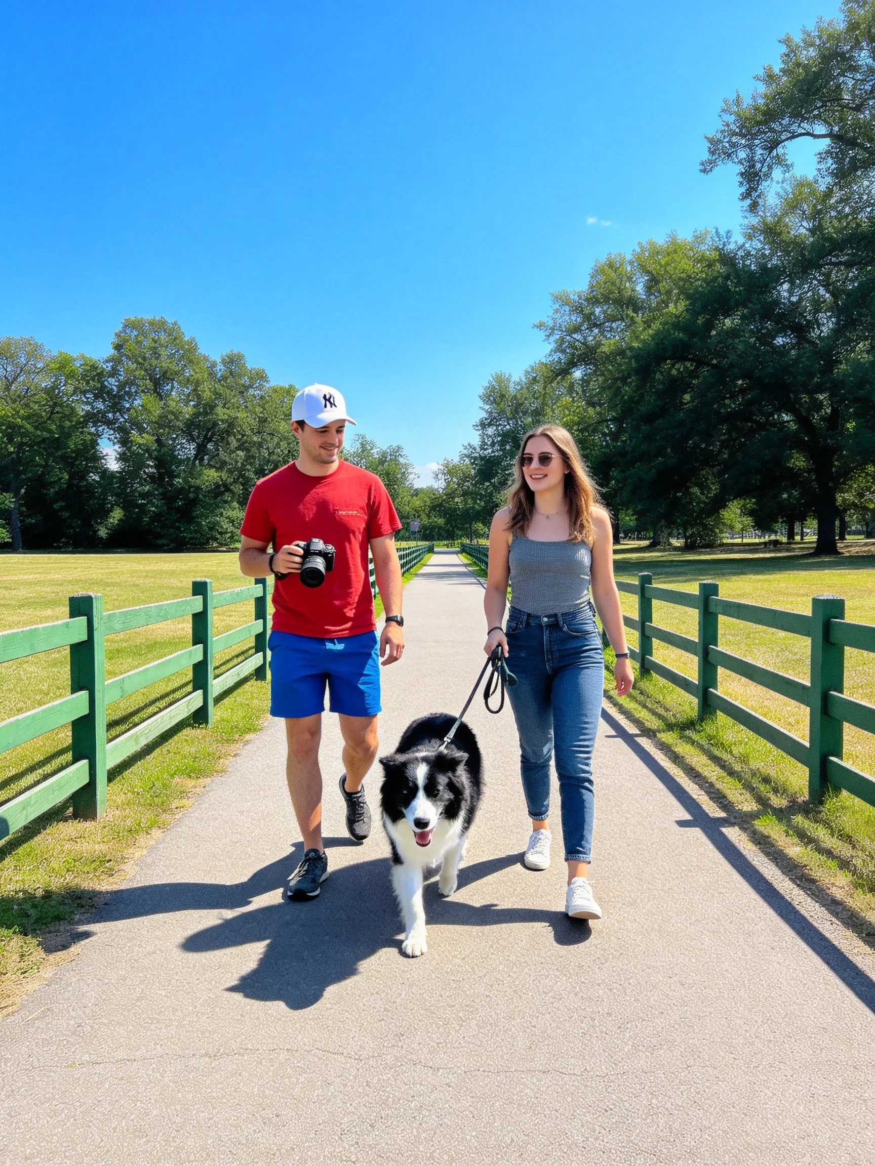 A couple walks their black-and-white dog down a sunny paved path bordered by green fences.