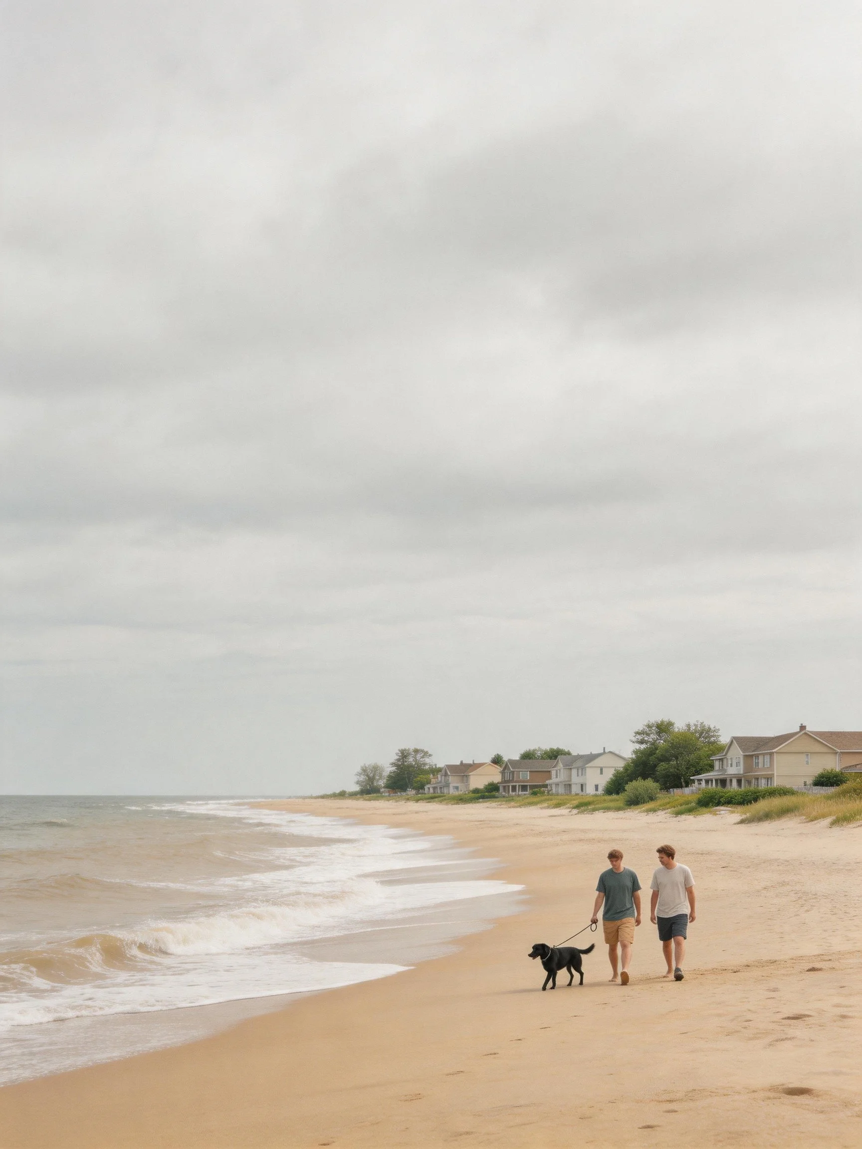 Two people walk a black dog on a sandy beach near coastal homes