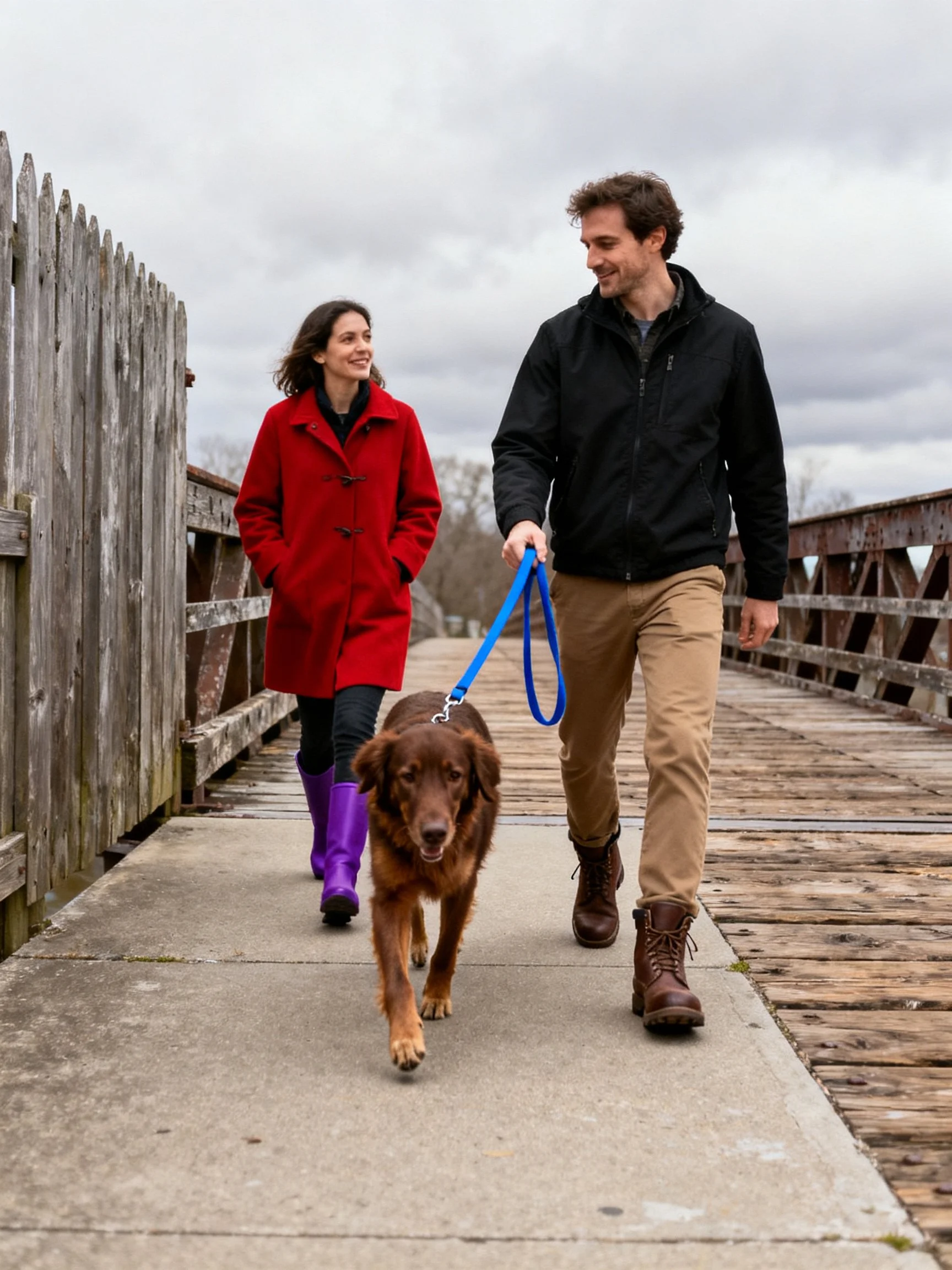 A couple walks their brown dog along a weathered wooden bridge