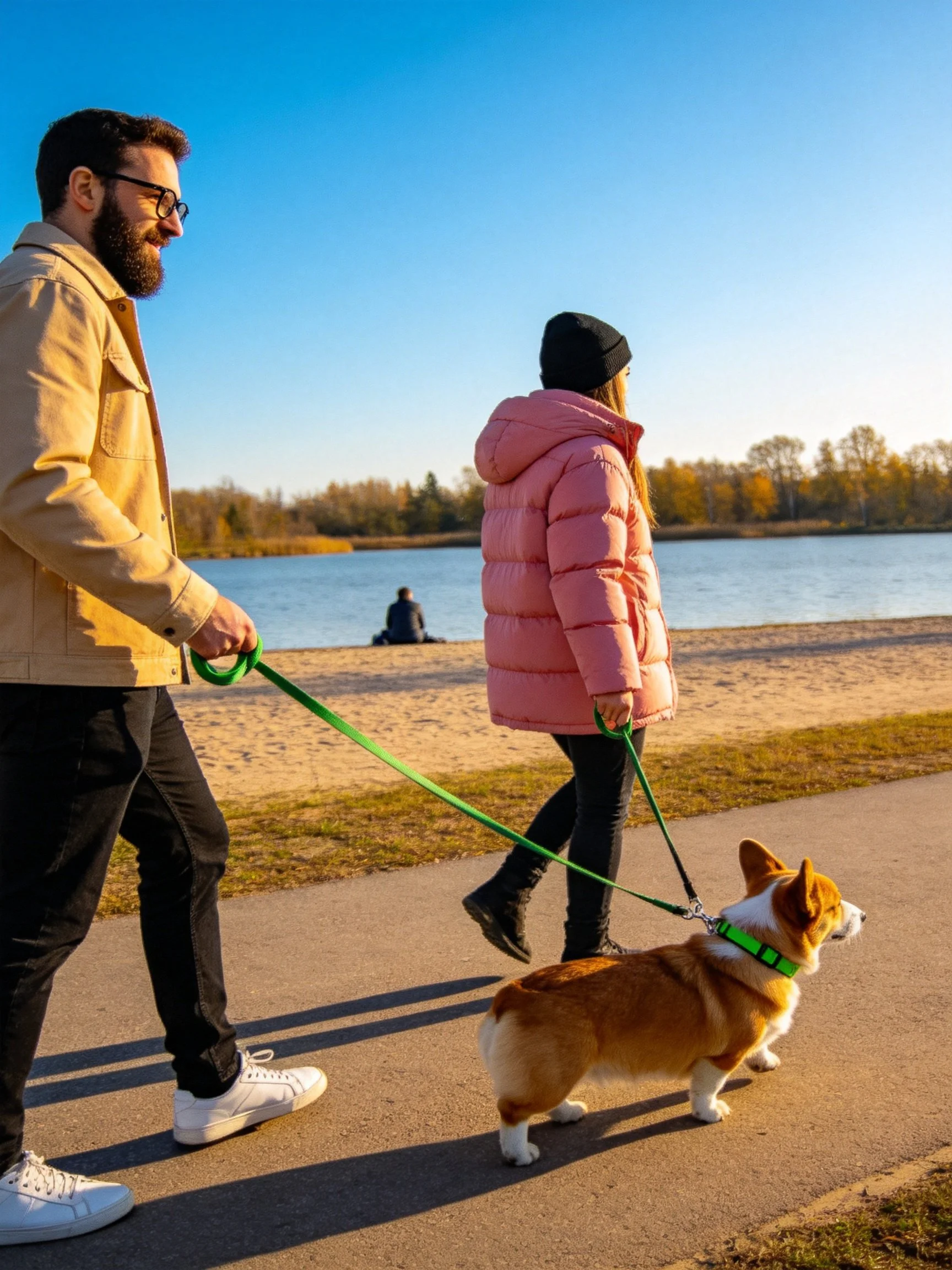A couple walks a small dog on green leashes beside a calm body of water.