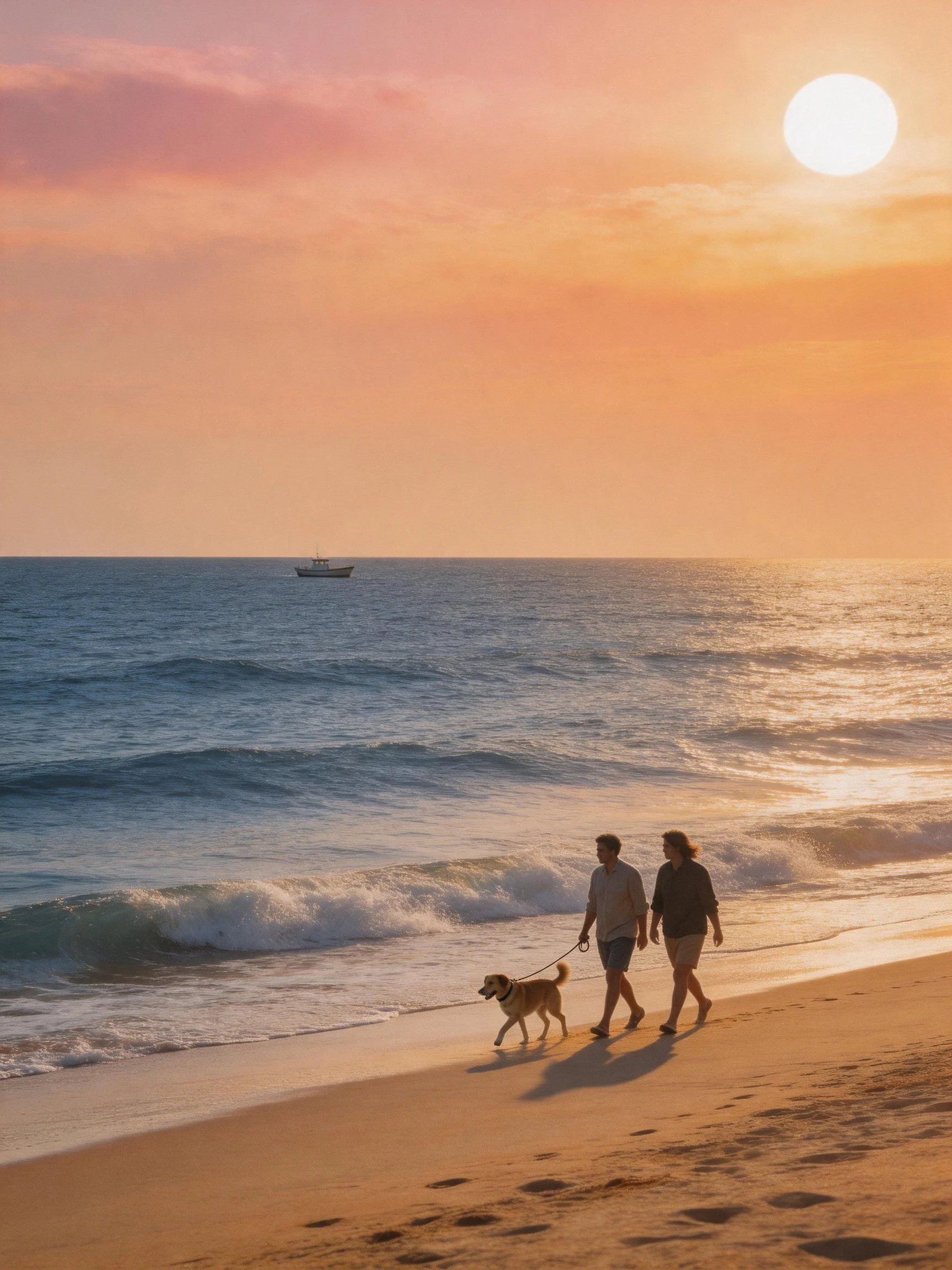 Two people walk a dog along a beach as the sun sets