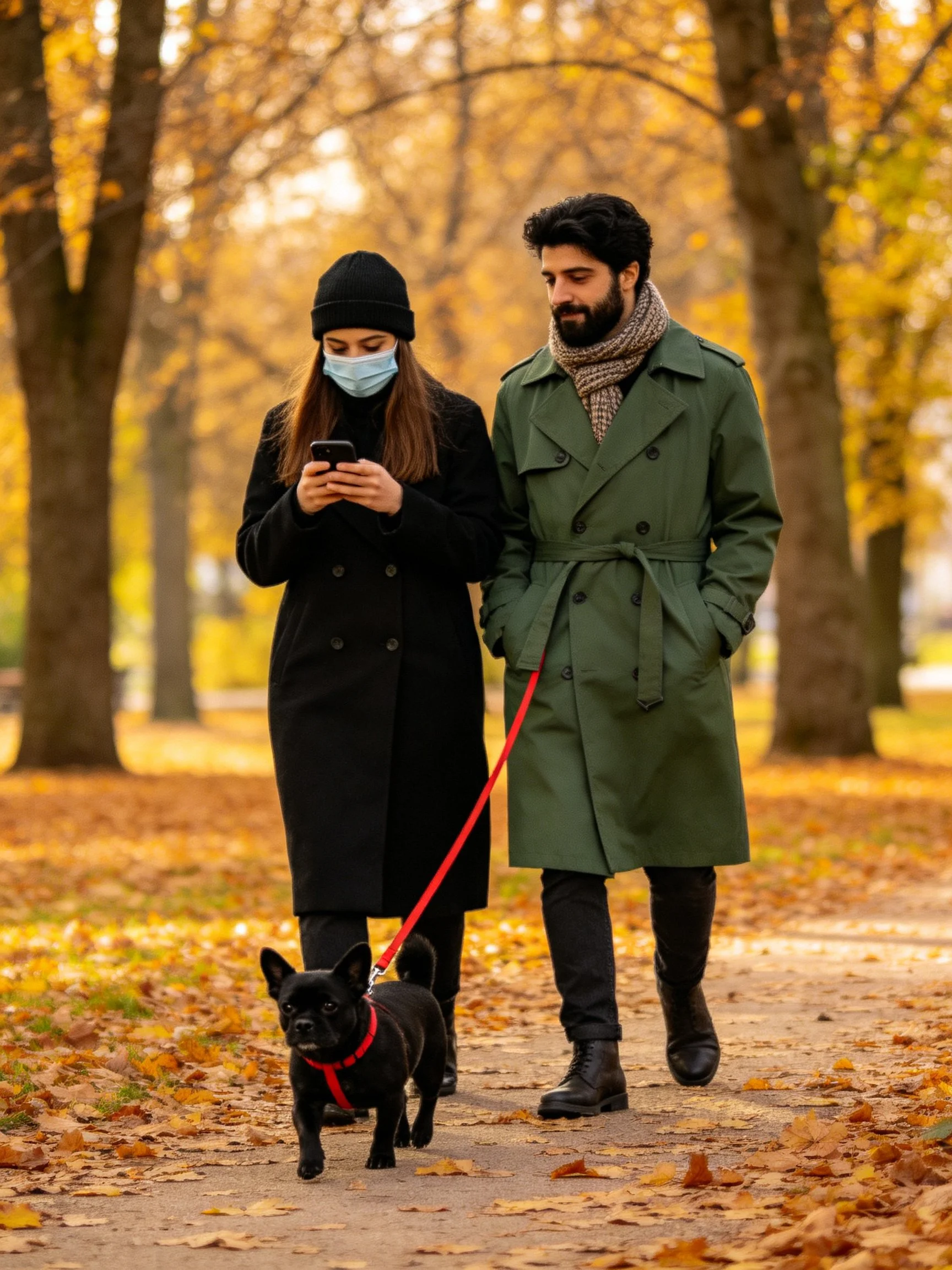 A couple walks a small black dog in a leaf-covered autumn park.