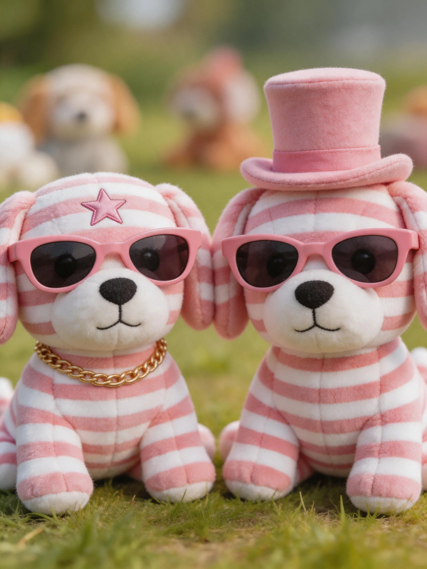 Two pink and white striped plush dogs wear sunglasses, one with a star, one with a pink top hat