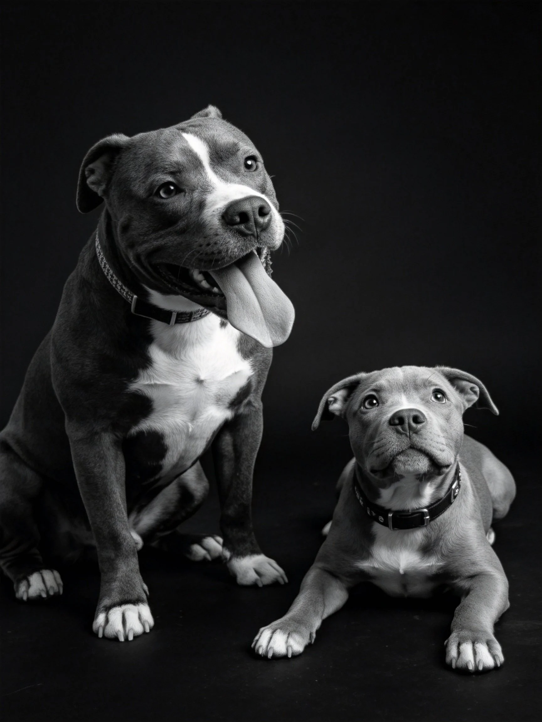Two pit bull-type dogs, one large sitting, one small lying, black and white portrait