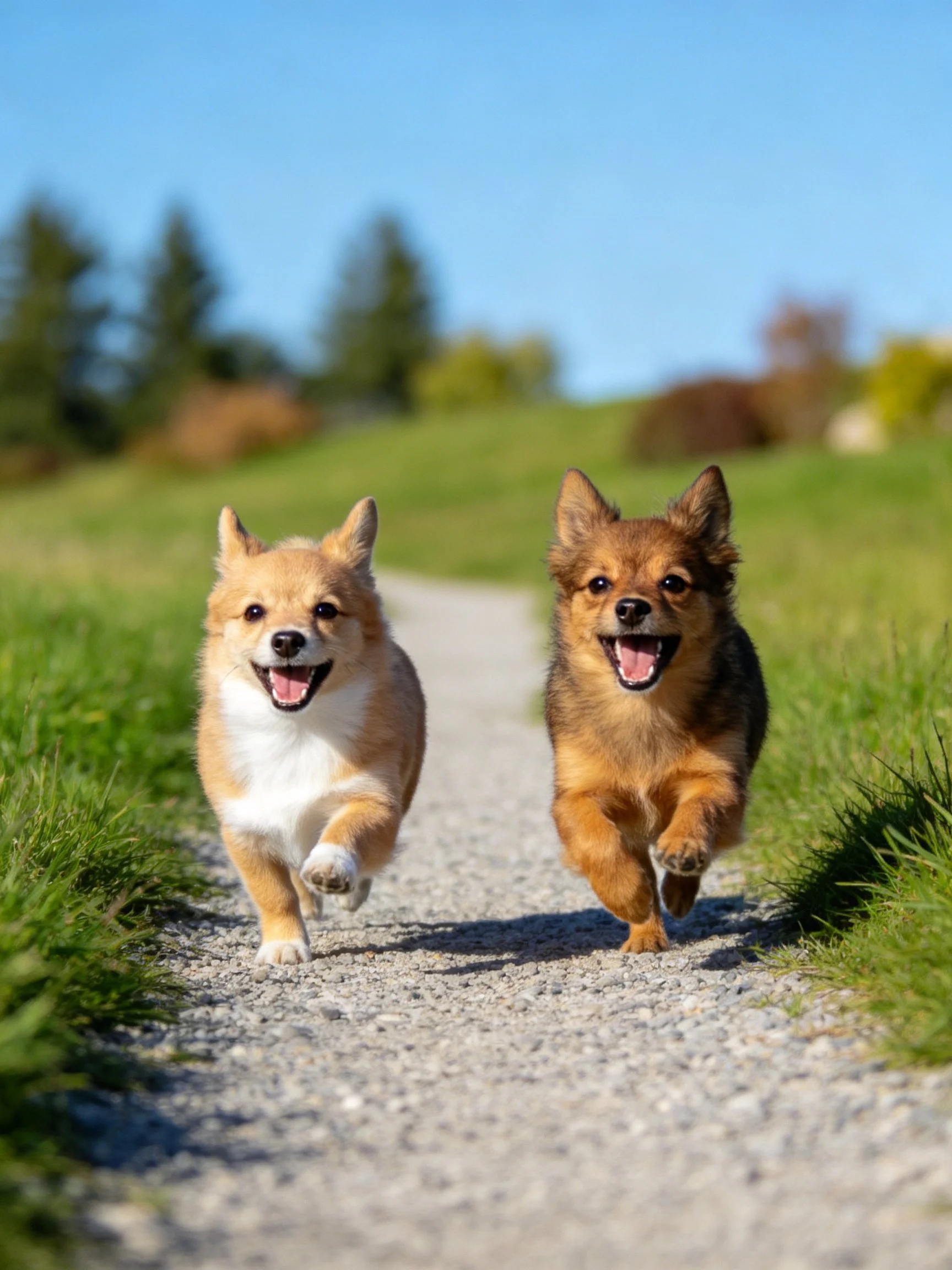 Two playful puppies run joyfully on a gravel path near green grass.