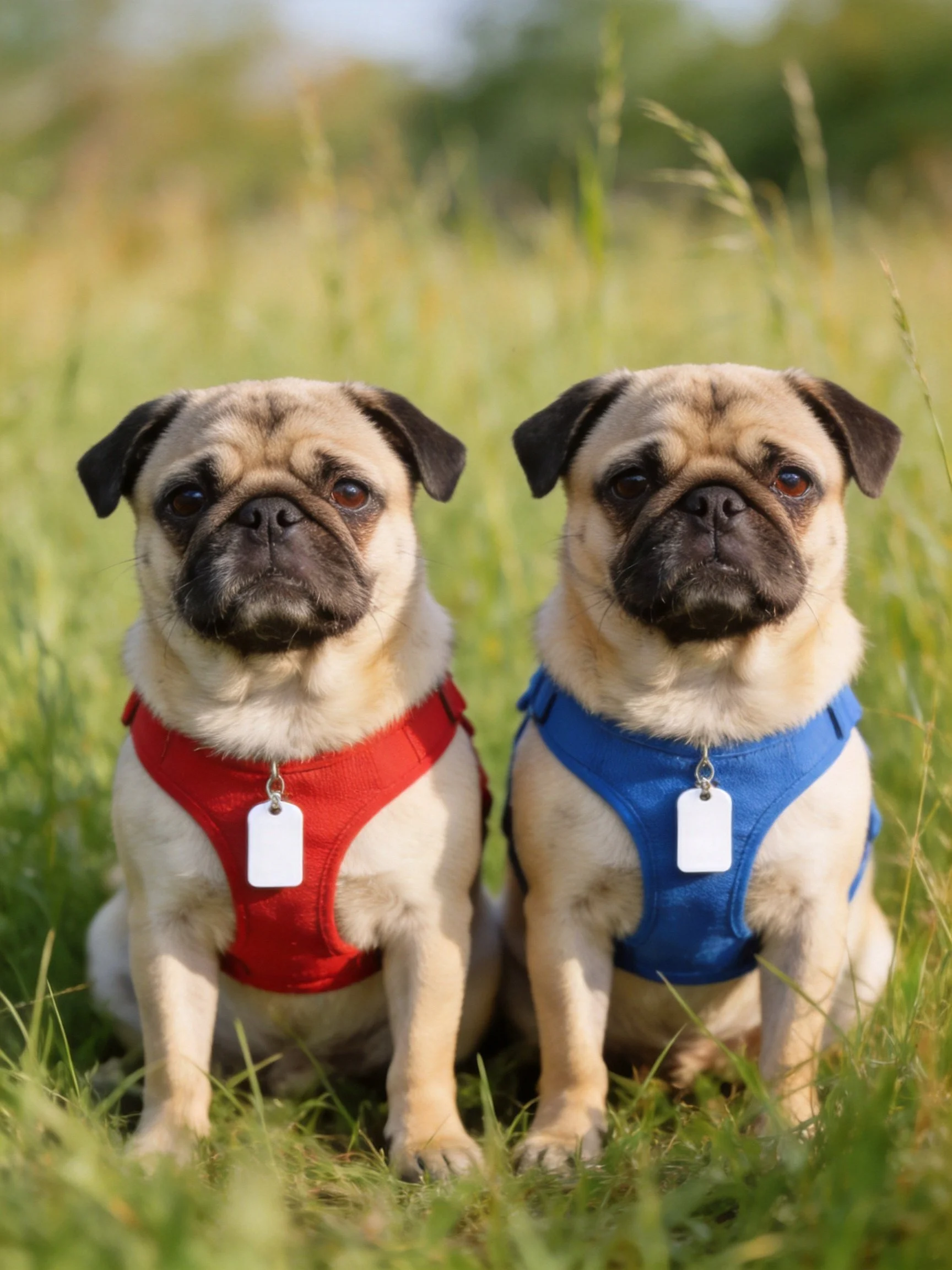 Two pugs in colored harnesses sit together in an outdoor grassy area.