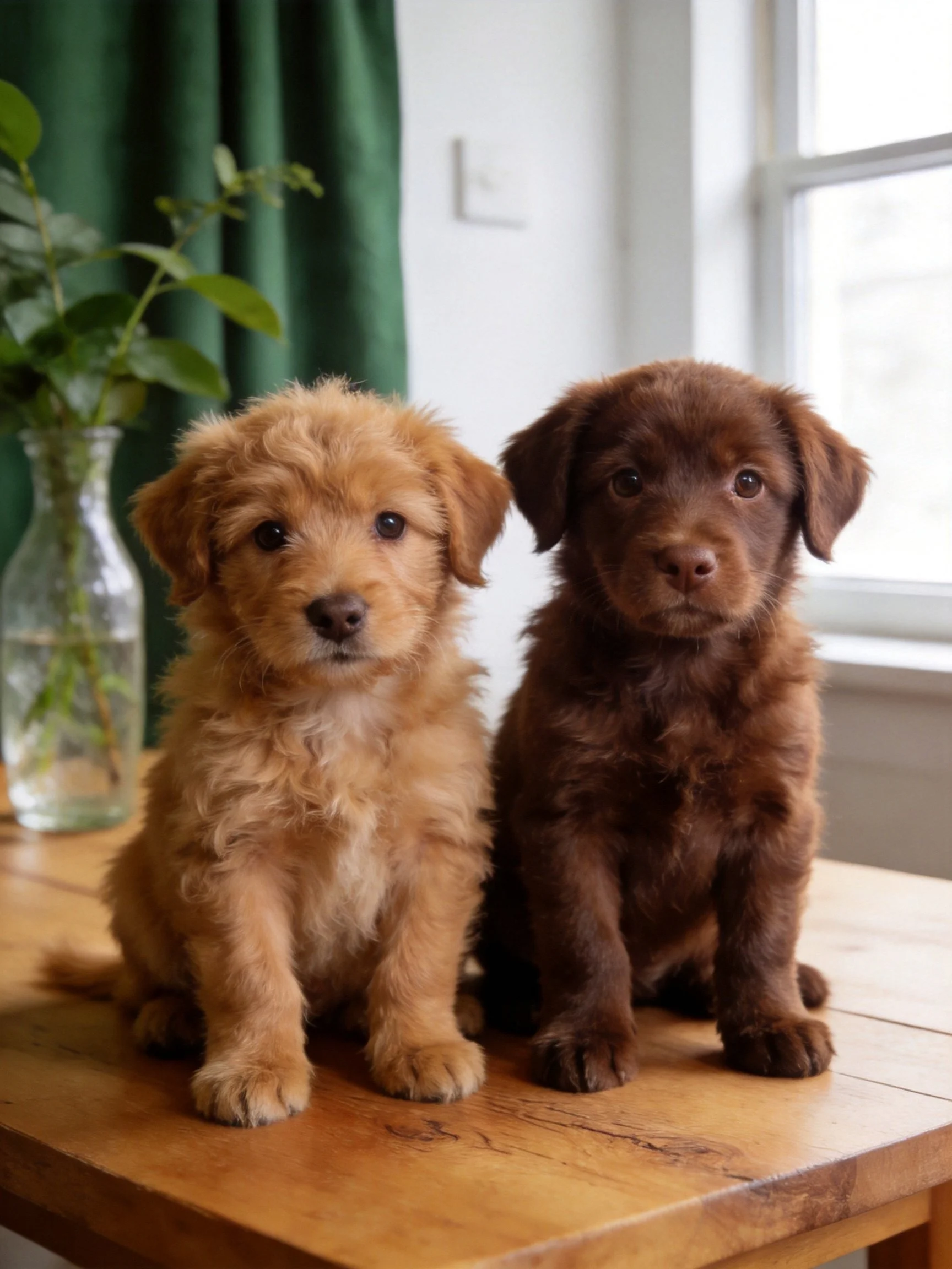 Two puppies of different colors sit on a wooden table near green curtains