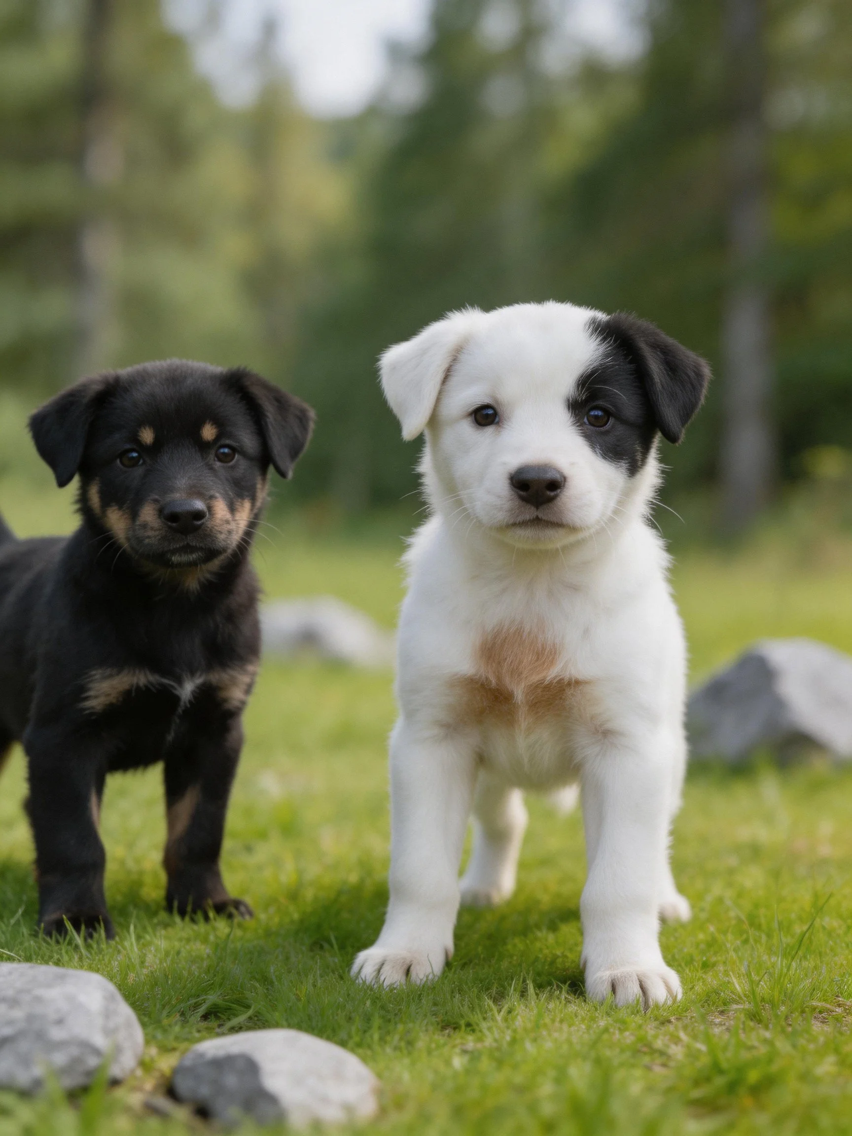 Two puppies, one black, one white, standing on green grass