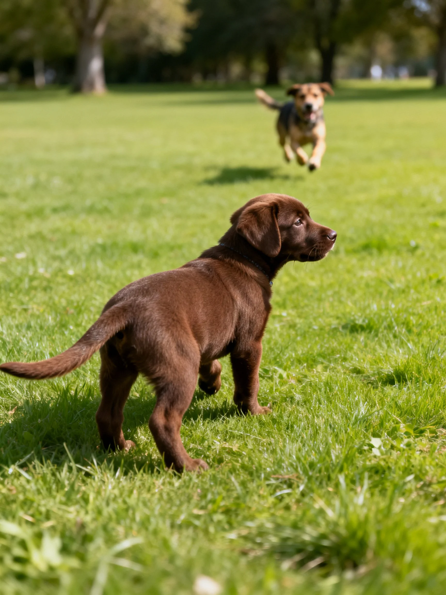 Two puppies, one brown, one tan, play on a green grassy field
